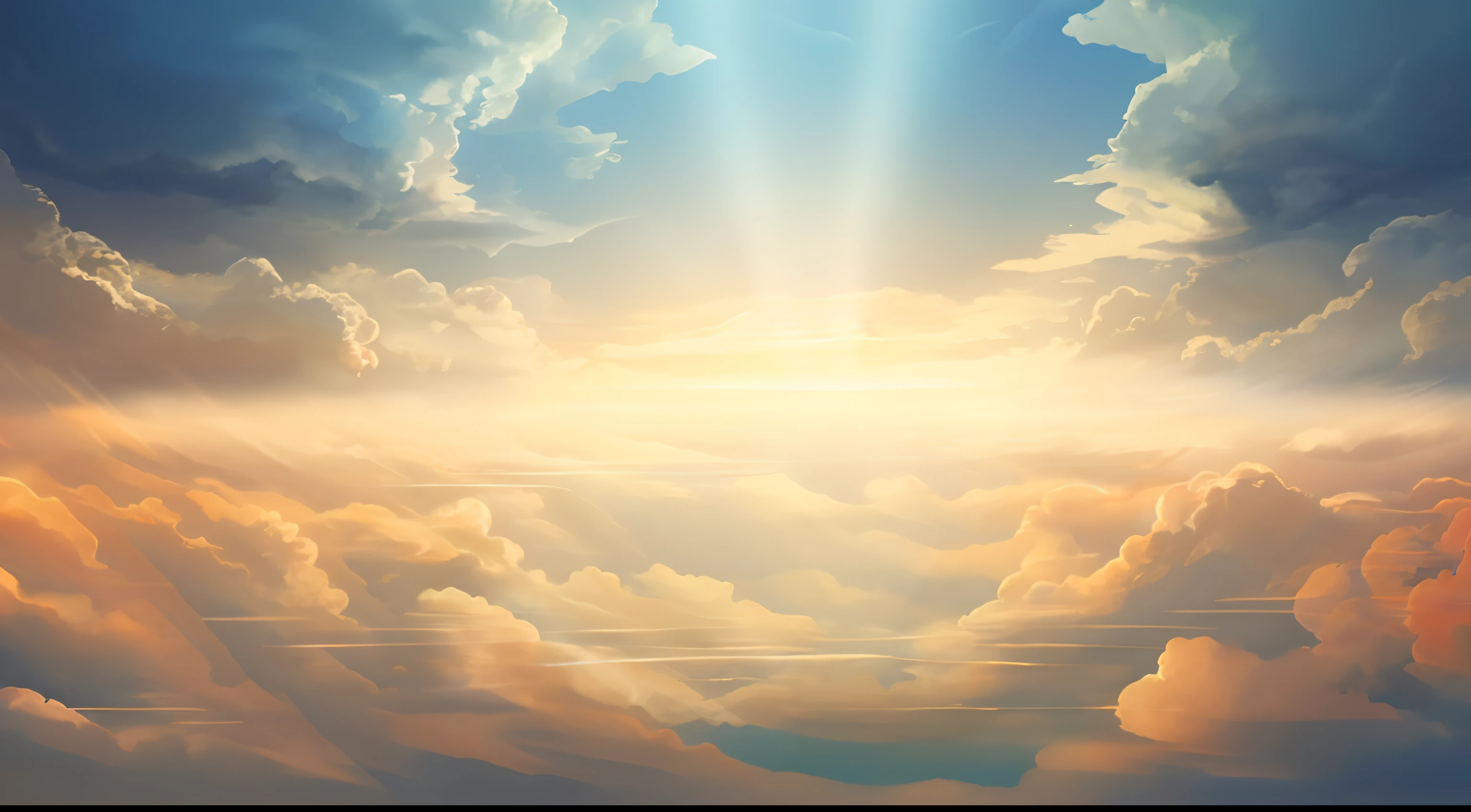 There is a painting of the sky with clouds and airplanes, luminous sky heaven background, paradise background, heavenly light, among heavenly sunlit clouds, rays of god shining from above, heavenly landscape, Bright light in the sky, background heavenly sky, heavenly glow, sunrays between clouds, Paradise lighting, Cloudy sky in a dreamy sky, god sun rays, light and clouds
