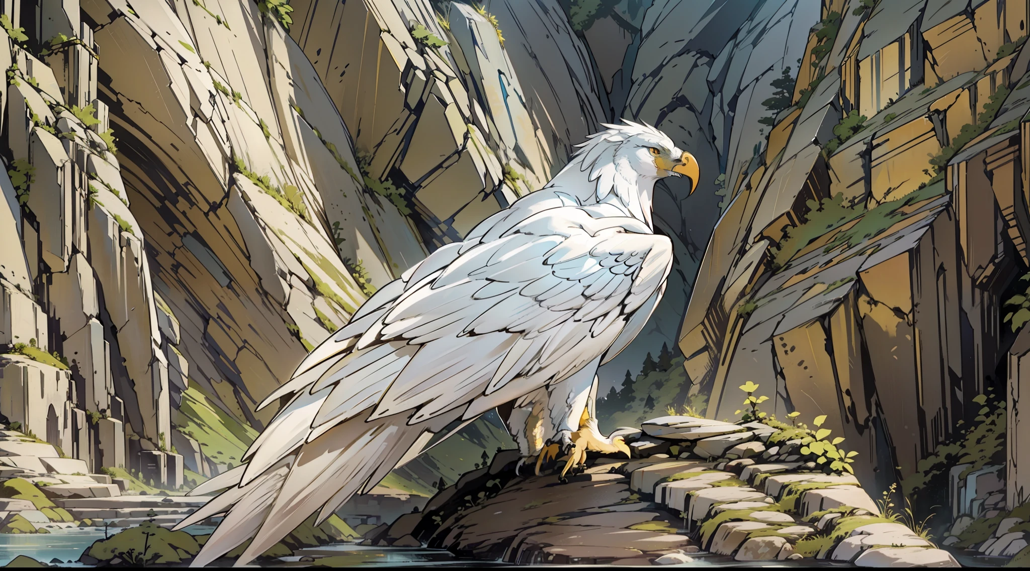 "Close-up, Beautiful and majestic 1 big white eagle with a magical elongated tail perched on a rocky outcrop, gazing towards the dirty road at the bottom of the valley"