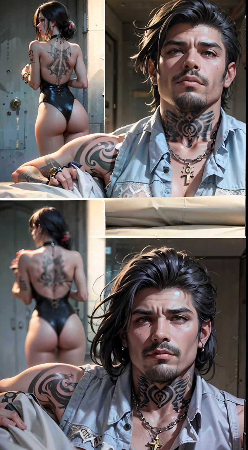 American street gang leader, A group of gang members stood behind,angry look,Mixed Chinese and American races,The background is blurred out,focal,电影灯光,(((tmasterpiece))), ((best qualtiy)), ((Complex and detailed)), ((ultra-realistic realism)), Ridiculous resolution, A MILF, Mature woman, ssee-through, highly detailed, illustratio, 1girll, (mediuml breasts), Thin waist and thick hips,long leges,beatiful detailed eyes, short detailed hair, brunette color hair, a purple eye, (Gangster suit:1.2),jewelry,耳Nipple Ring,Bracelet,gyuru,choker necklace,seminude,stocklings,Lace,Tattooed with,tight-fitting,tattooed arms,Full of tattoos,American gangsters,Sexy and feminine,18th Street Gang,hip hop style,West Coast style,The Almighty Latin King,(No underwear),pantiess, detailed back ground, perfect eyes, Seductive eye, (nice hand),Detail hands,looking at viewert,From the front,Wear light,Behind him stood a large group of subordinates,