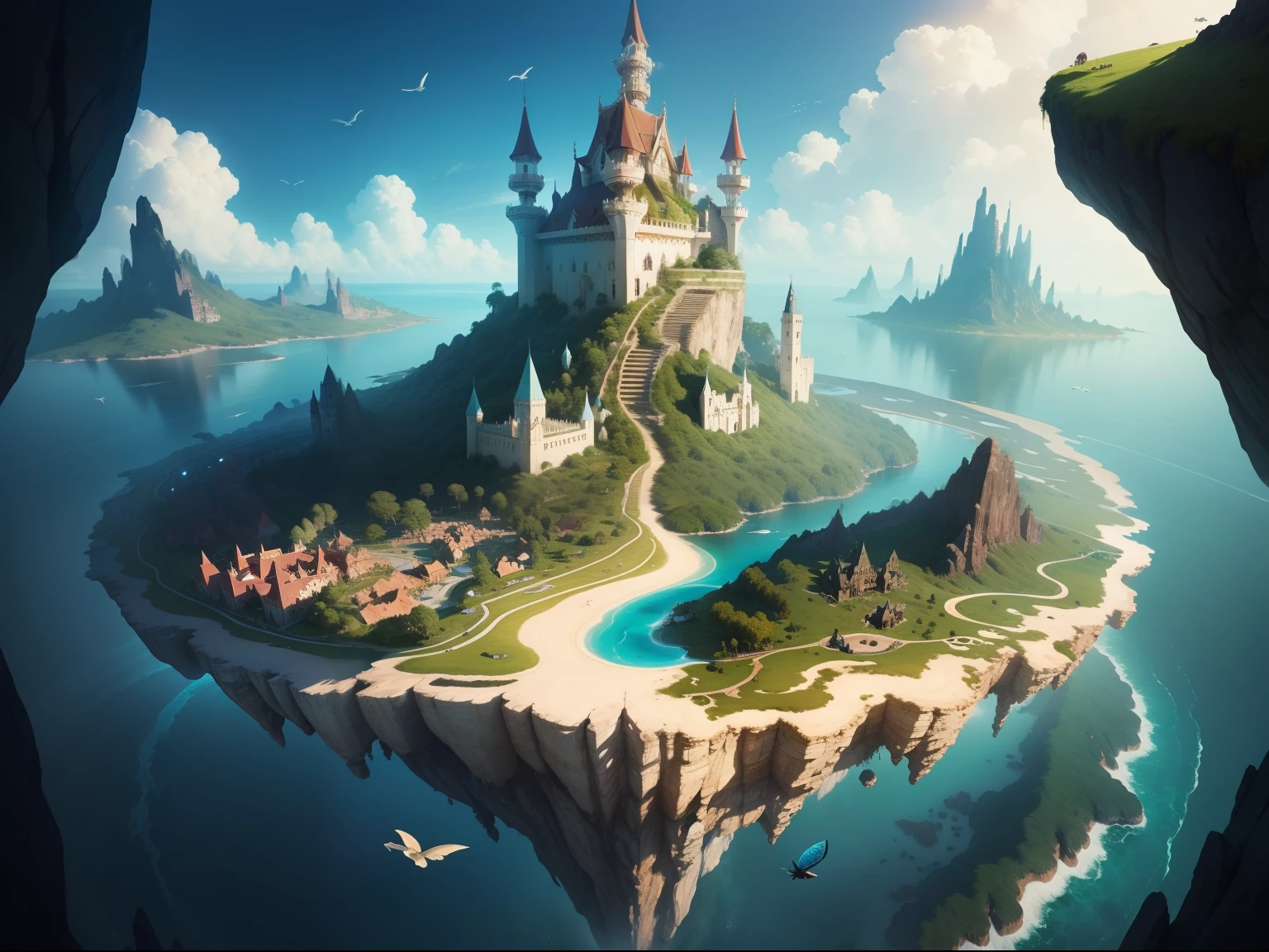 A detailed and visually stunning recreation of a fantasy world with beautiful flying islands and diverse exotic animals.