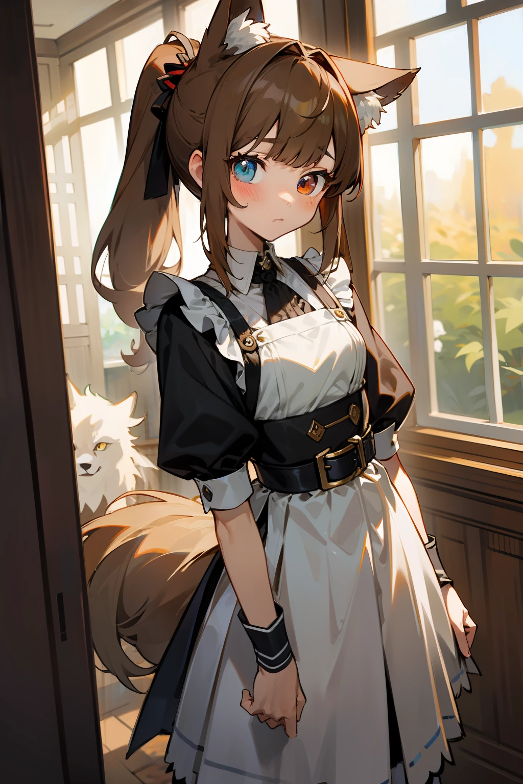 Works of masters，Best image quality，Higher quality，high detal，超高分辨率，8K分辨率，depth of fields，Seven-doppelganger shot，exquisite facial features，s the perfect face，Loli，12year old，Wolf Girl，Triplets，maidennurse，Watery eyes，Heterochromic pupils，is shy，A brown-haired，Pick dyeing，asymmetricalbangs，Split ponytail，side ponytails，Messy hair，feathers hair ornament，metalcollar，arm belt，the maid outfit，frilld，lacing，Coyote tail，are standing，tilts your head，autumnal，inside in room，窗帘