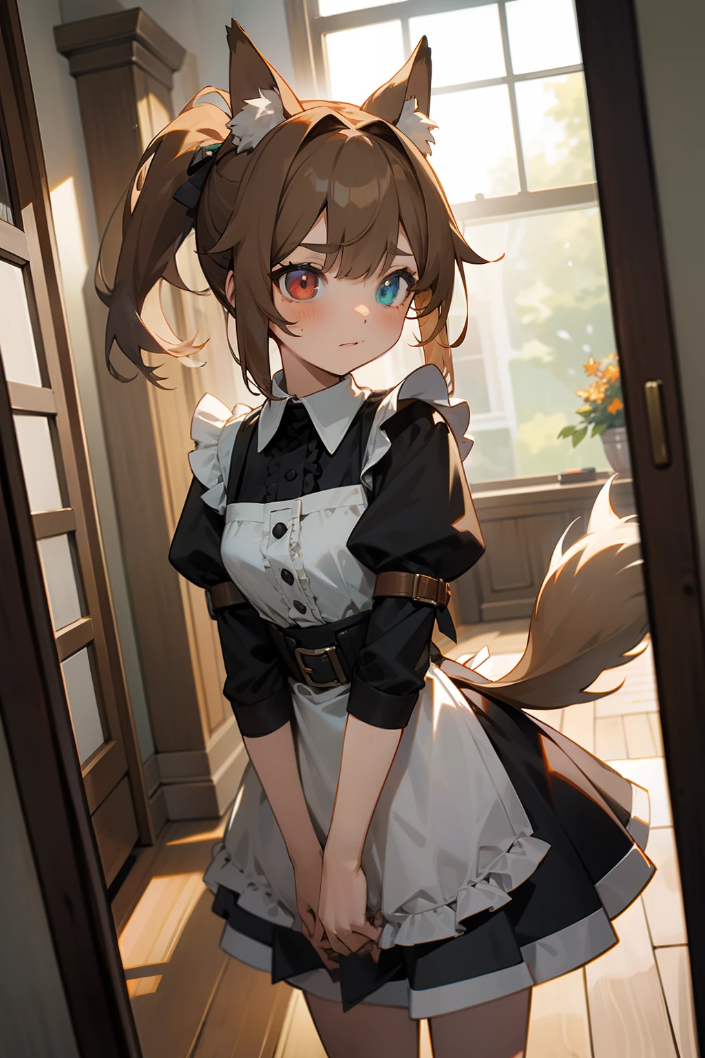 Works of masters，Best image quality，Higher quality，high detal，超高分辨率，8K分辨率，depth of fields，Seven-doppelganger shot，exquisite facial features，s the perfect face，Loli，12year old，Wolf Girl，Triplets，maidennurse，Watery eyes，Heterochromic pupils，is shy，A brown-haired，Pick dyeing，asymmetricalbangs，Split ponytail，side ponytails，Messy hair，feathers hair ornament，metalcollar，arm belt，the maid outfit，frilld，lacing，Coyote tail，are standing，tilts your head，autumnal，inside in room，窗帘