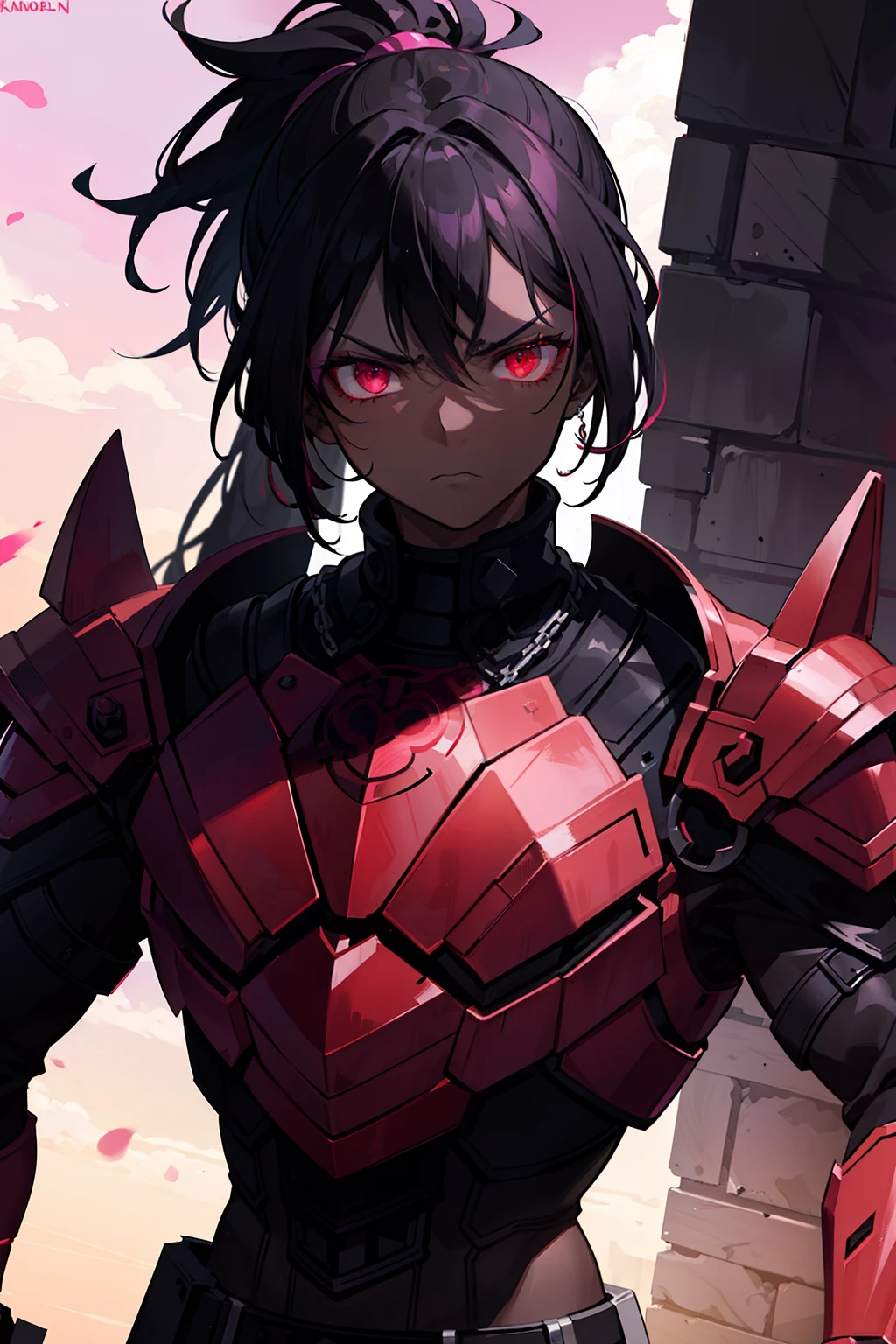 "dark-skinned with a menacing scowl, black hair styled in a layered ponytail with vibrant magenta highlights, fierce red eyes, muscular physique adorned in a futuristic gothic armor blending black and red shades, with intricate black armor plating."