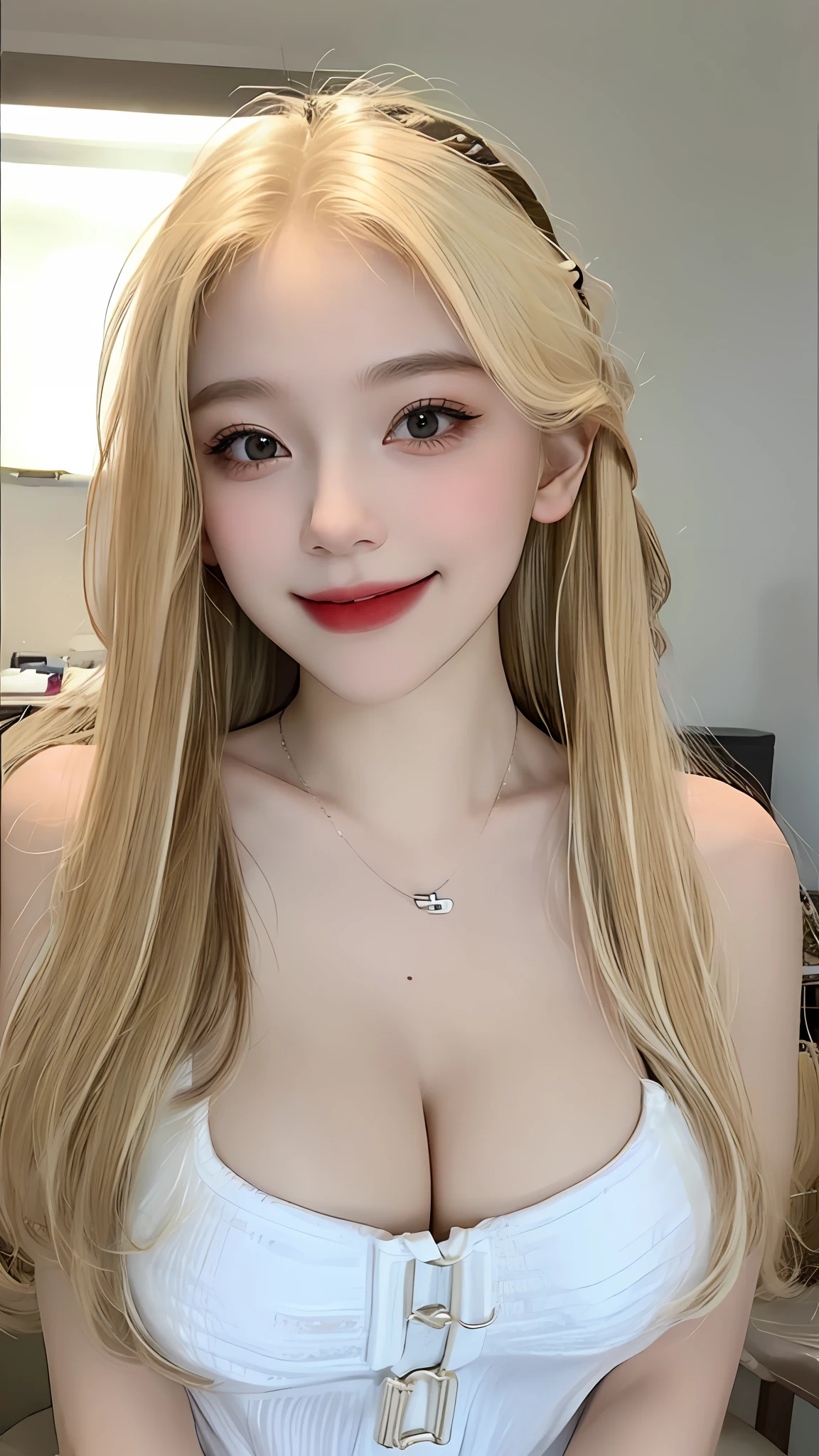 1 girl, ((Best Quality, 8K, Masterpiece:1.3)), Focus: 1.2, Perfect Body Beauty: 1.4, Buttocks: 1.2, (huge Breasts: 1.4), (Gigantic hip: 1.8),(white bikini), Highly Detailed Face, perfect smile, Double Eyelids, White Skin, (((Long blonde Hair))), (Shut Up: 1.3), Smile,(upper body focus:1.2),