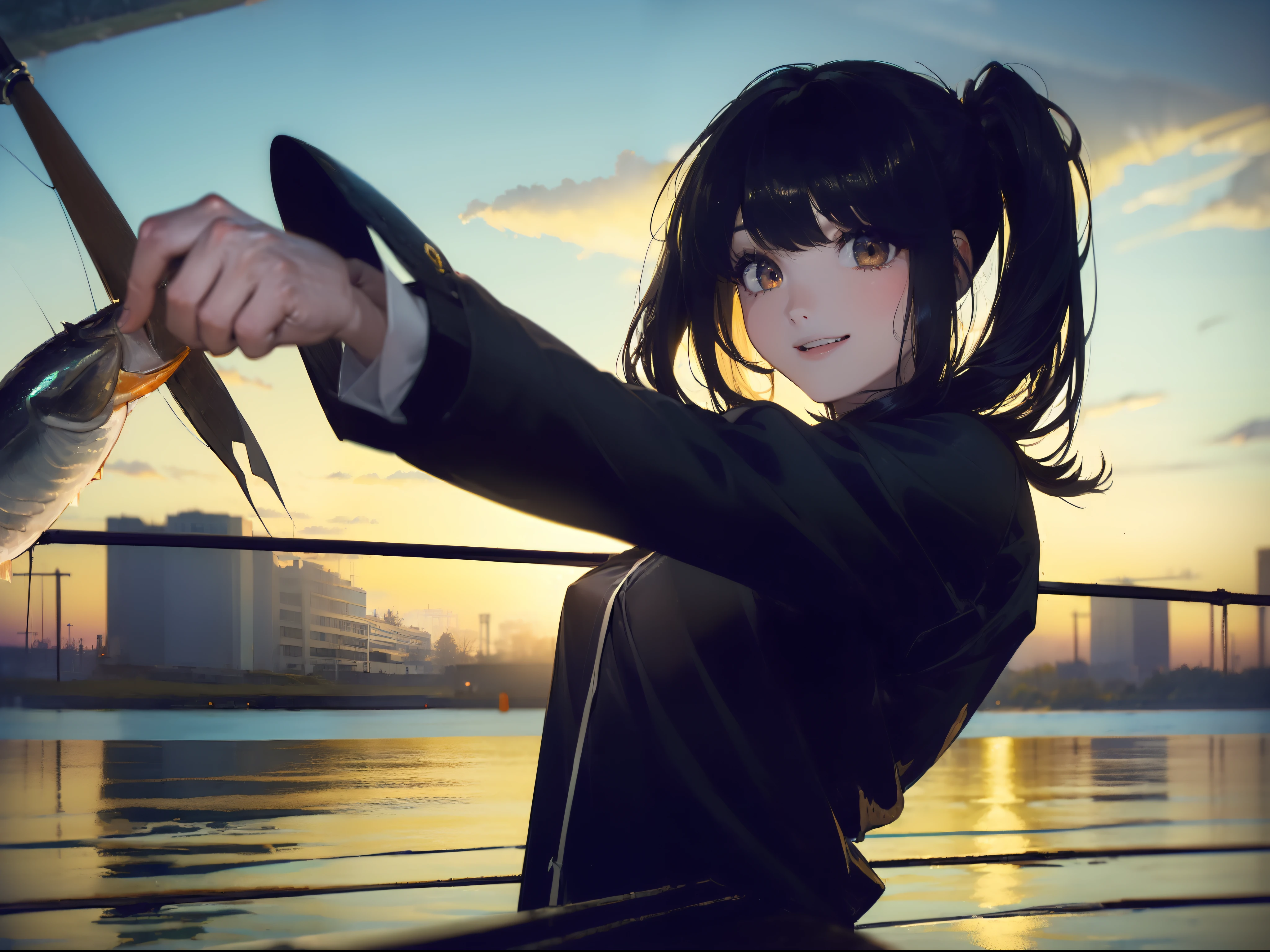 ((((Catch a big black bass by the lakeside:1.5)))),((1 Female 22 years old))((Best Quality, masterpiece :1.5)),(((Hands with the correct number and structure of fingers:1.4))),hight resolution,ultra-detailliert,masterpiece,best qualtiy,,Black hair, long eyeslashes, Solid Circle Eyes, Smiling Woman, drop shadow, Atmospheric perspective,Super Detail, ccurate, small brest,(Black jacket :1.1),top-quality, blurry backround, bokeh dof:1.2, (masterpiece:1.3), Atmospheric perspective,Super Detail,dynamic compositions
