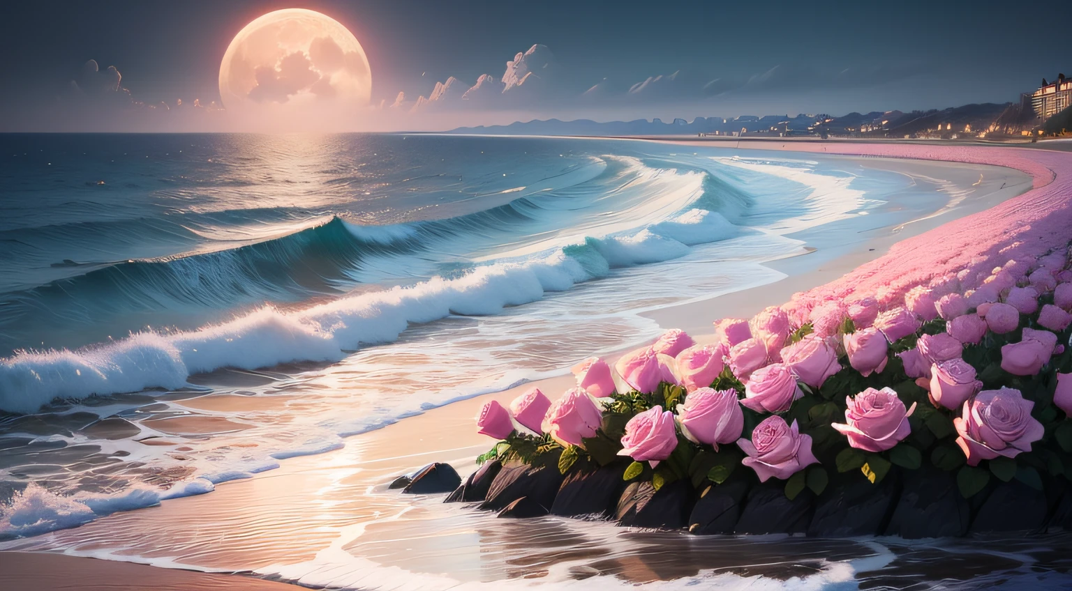 There are many pink roses on the rough sea,I want to return the general wonder,The moon in the distance is very white