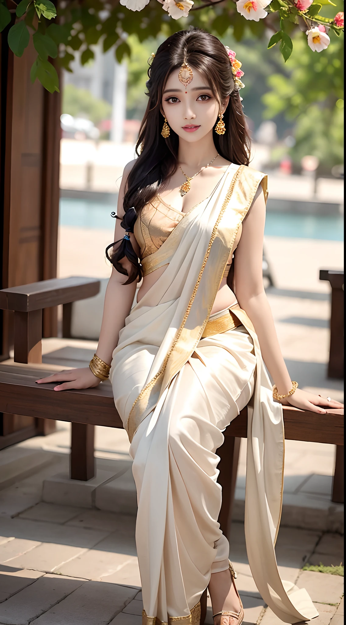 8K, ultra high detailed, an indian girl, cute face, happy, long hair, impressive hairstyle, detailed eyes, detailed lips, indian clothes, saree, golden saree, lace, wearing jewellery, nature background, flowers, afternoon, shadow, clear weather, sitting, whole body capture,