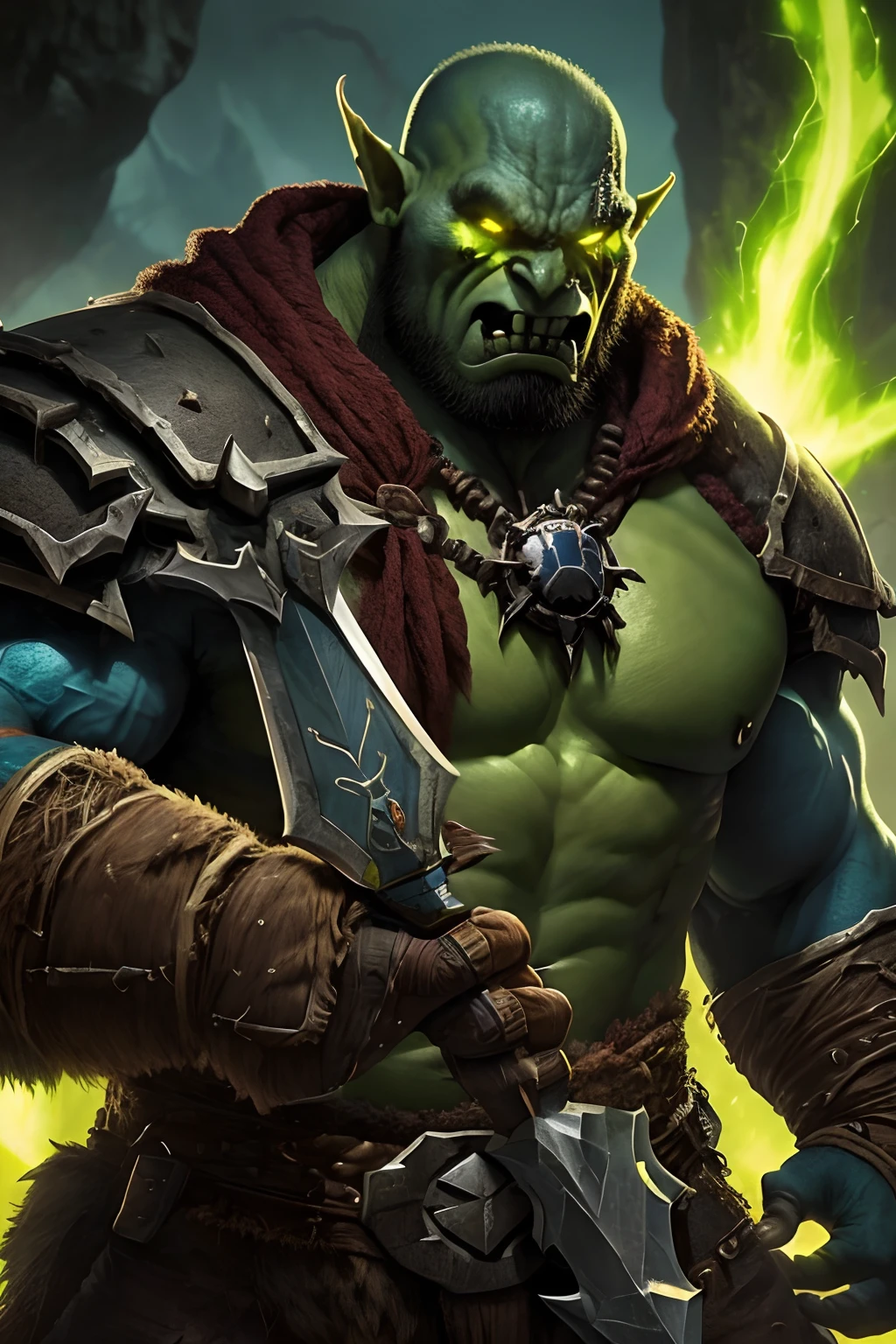 (papel de parede 8k extremamente detalhado), An average photo of a fearsome necromancer Orc, intrincado, alto detalhe, Dramatic