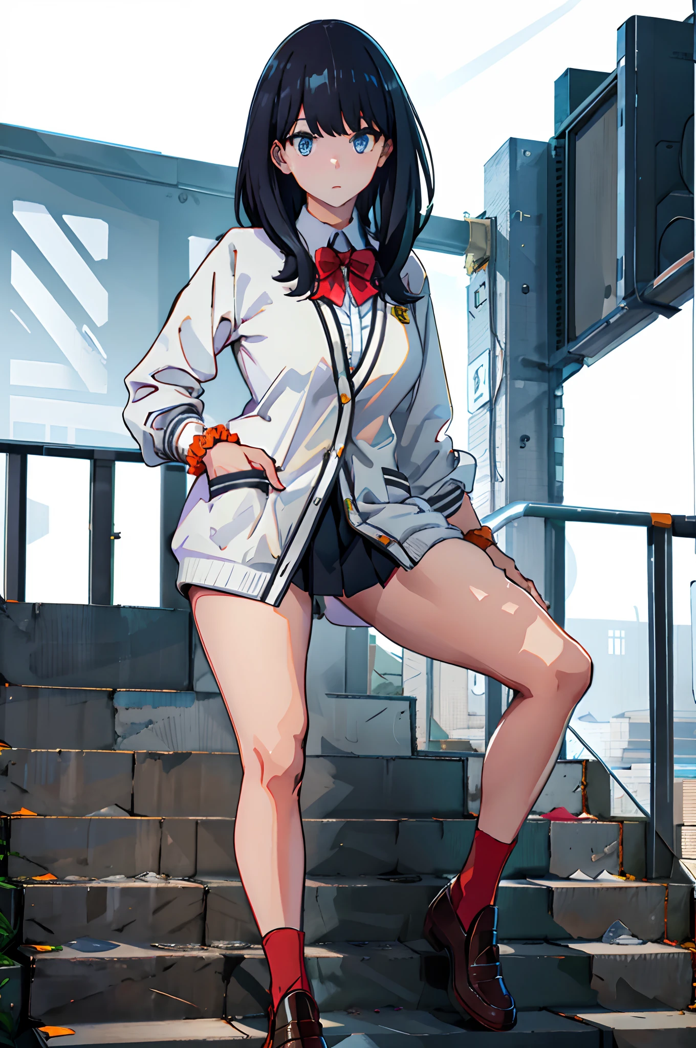 masterpiece, best quality, highres, takarada rikka, rikka1, 1girl, takarada rikka, black hair, solo, blue eyes, wrist scrunchie, long hair, red socks, school uniform, black skirt, bangs, pleated skirt, orange scrunchie, red bow, white cardigan, long sleeves, bowtie, loafers, white shirt, miniskirt, white sweater, large breasts.