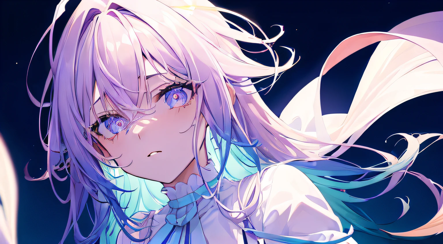 (gradient hair:1.6), dutch angle, film grain, chromatic aberration, starry sky, masterpiece, best quality, raw photo, photorealistic, absurdres, 1girl, cute, perspective, cowboy shot, highres, ultra detailed, finely detail, detailed eyes and face, sharp pupils, realistic pupils, sharp focus, summer, (white long dress:0.6)