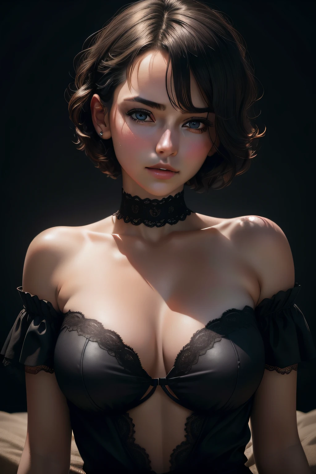 Best quality, masterpiece, ultra high res, (photorealistic:1.5), raw photo, 1girl, offshoulder, in the dark, deep shadow, low key, cold light, sexy look, short hair