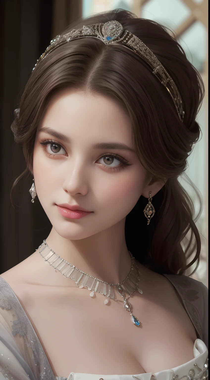 tmasterpiece,Highest image quality,Beautiful bust of a royal lady,Delicate brown hairstyle,The silver eyes are clear,Embellished with a dazzling array of intricate jewelry,super detailing,upscaled。