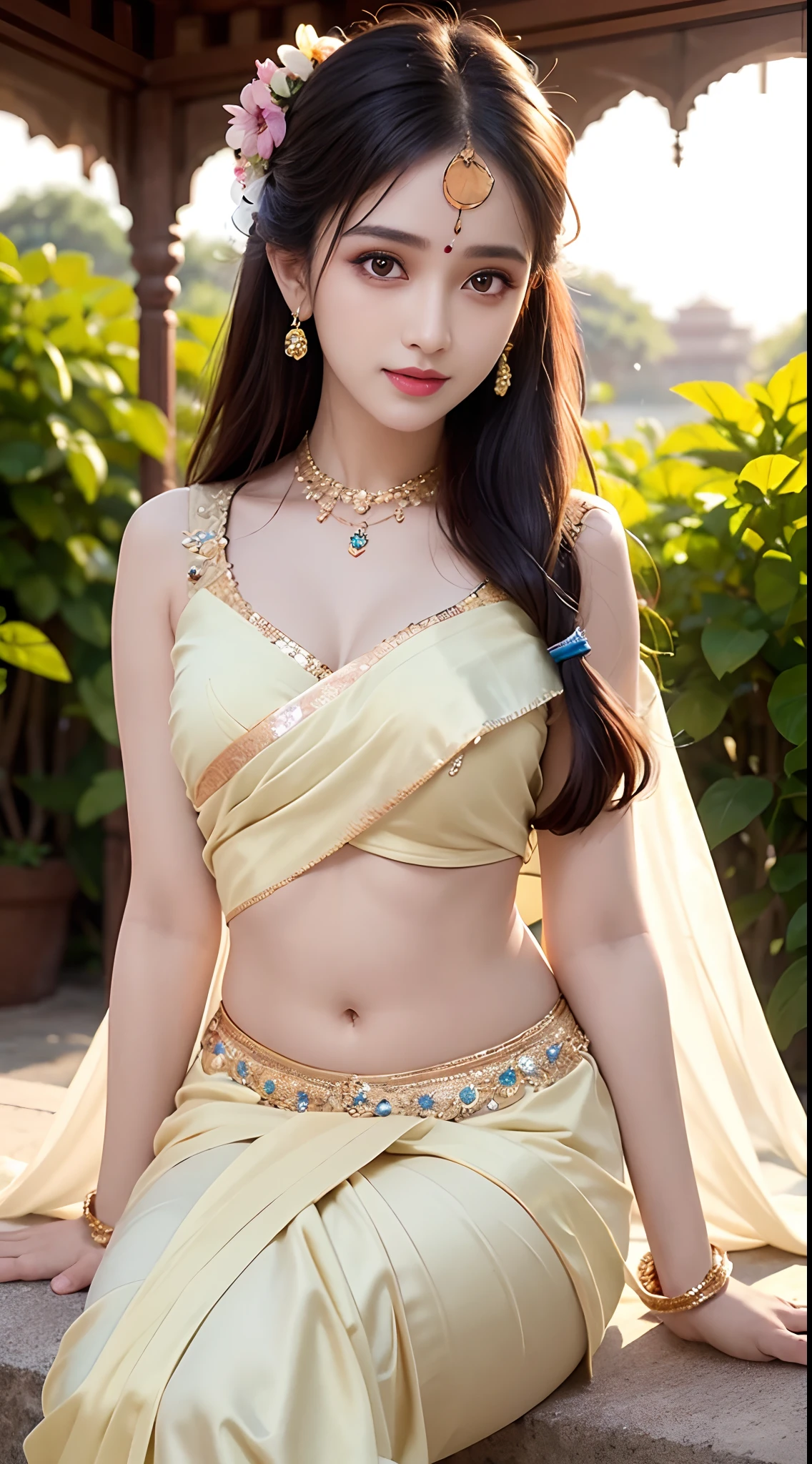 8K, ultra high detailed, an indian girl, cute face, happy, long hair, impressive hairstyle, detailed eyes, detailed lips, indian clothes, saree, golden saree, lace, wearing jewellery, nature background, flowers, afternoon, shadow, clear weather, sitting, whole body capture,