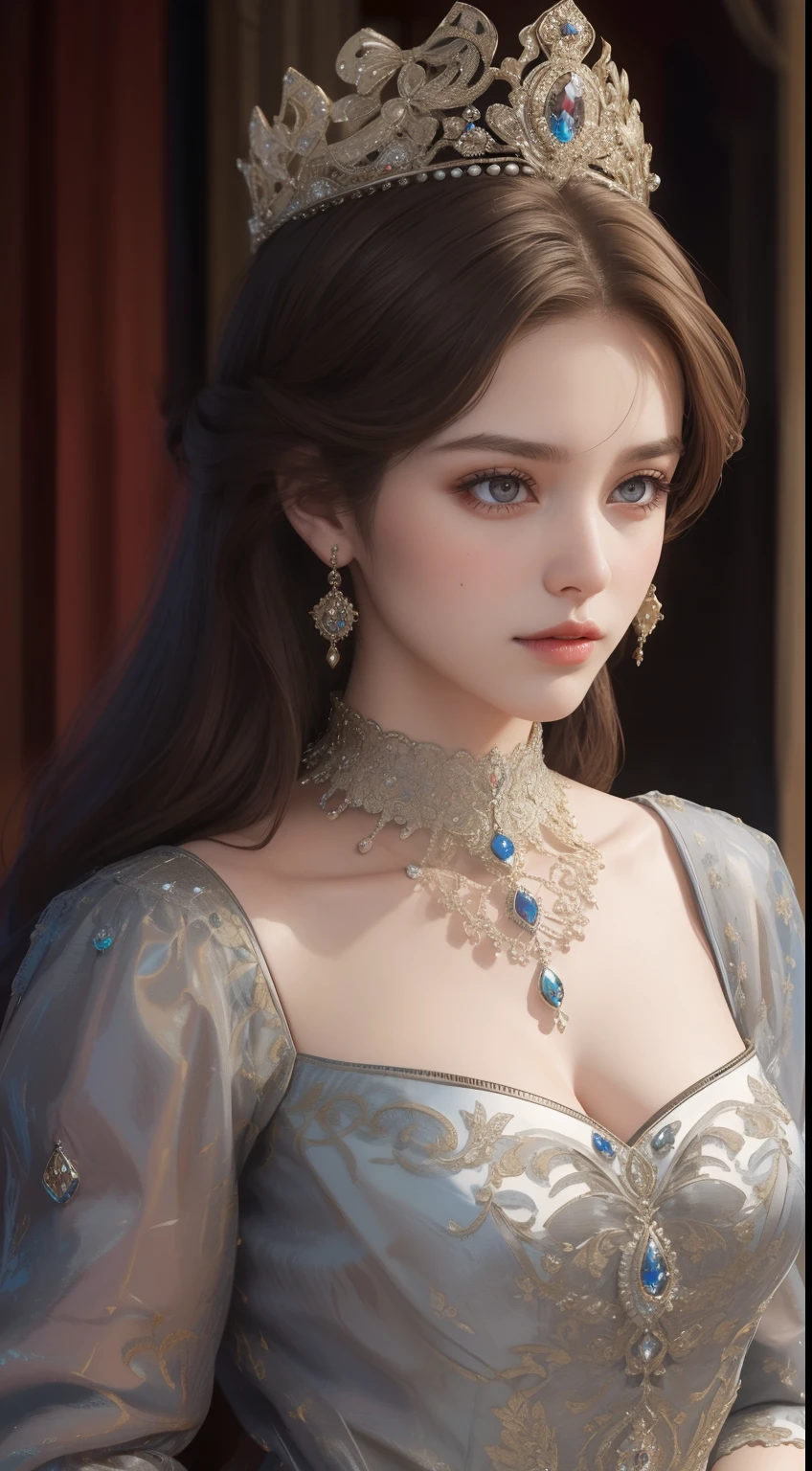 tmasterpiece,Highest image quality,Beautiful bust of a royal lady,Delicate brown hairstyle,The silver eyes are clear,Embellished with a dazzling array of intricate jewelry,super detailing,upscaled。