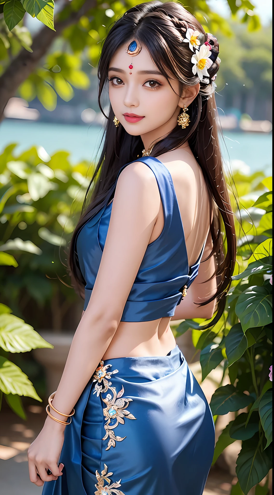 8K, ultra high detailed, an indian girl, cute face, happy, long hair, impressive hairstyle, detailed eyes, detailed lips, indian clothes, saree, dark blue saree, lace, wearing jewellery, nature background, flowers, afternoon, shadow, clear weather, whole body capture,
