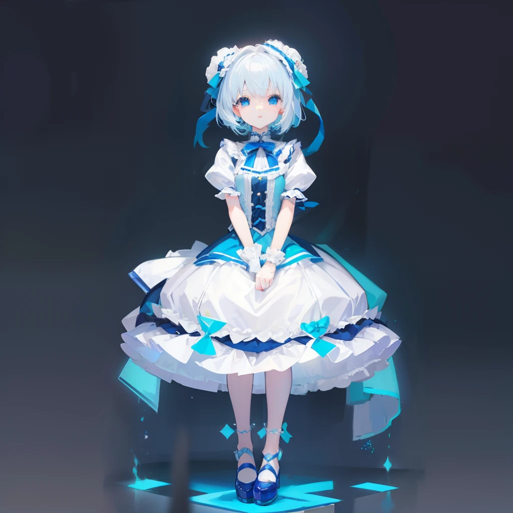 Short white fluorescent hair,ta wearing a blue and white match,She is a cute and cute lolil