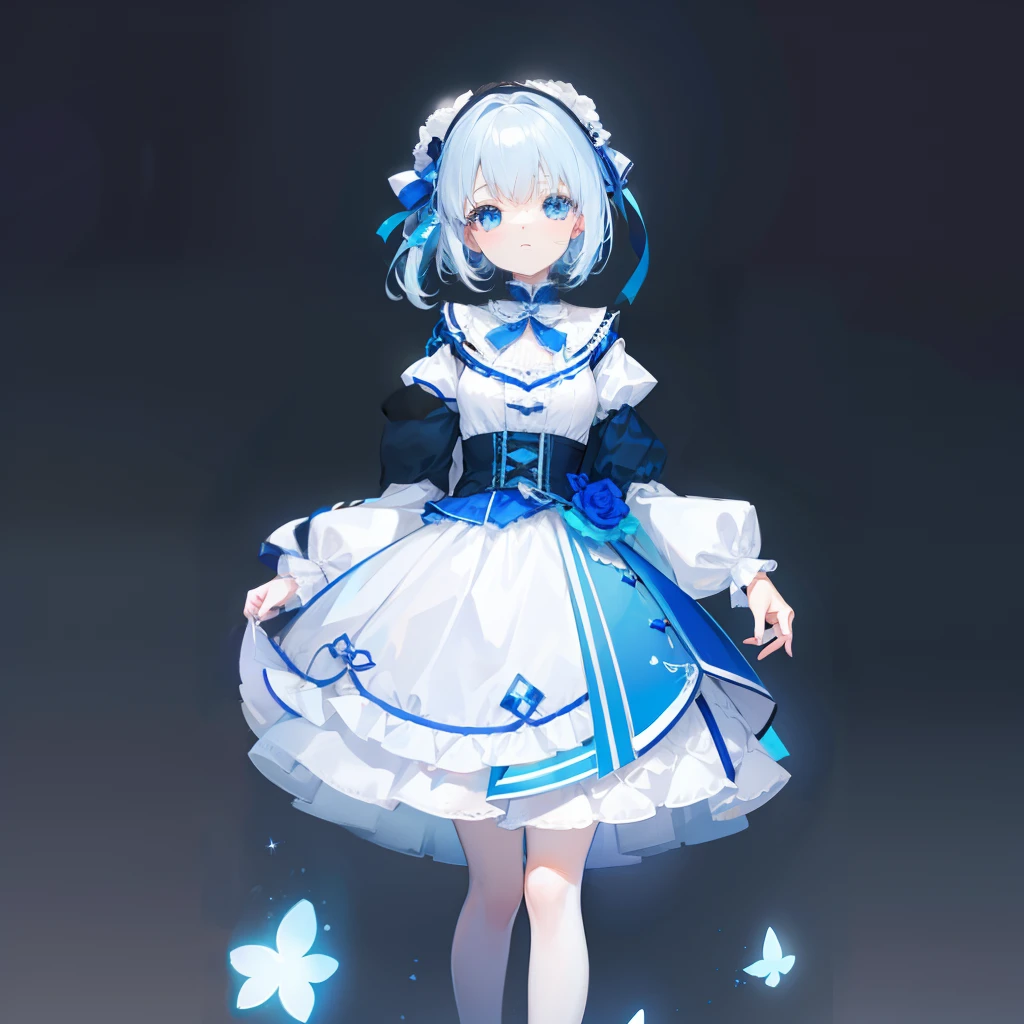 Short white fluorescent hair,ta wearing a blue and white match,She is a cute and cute lolil