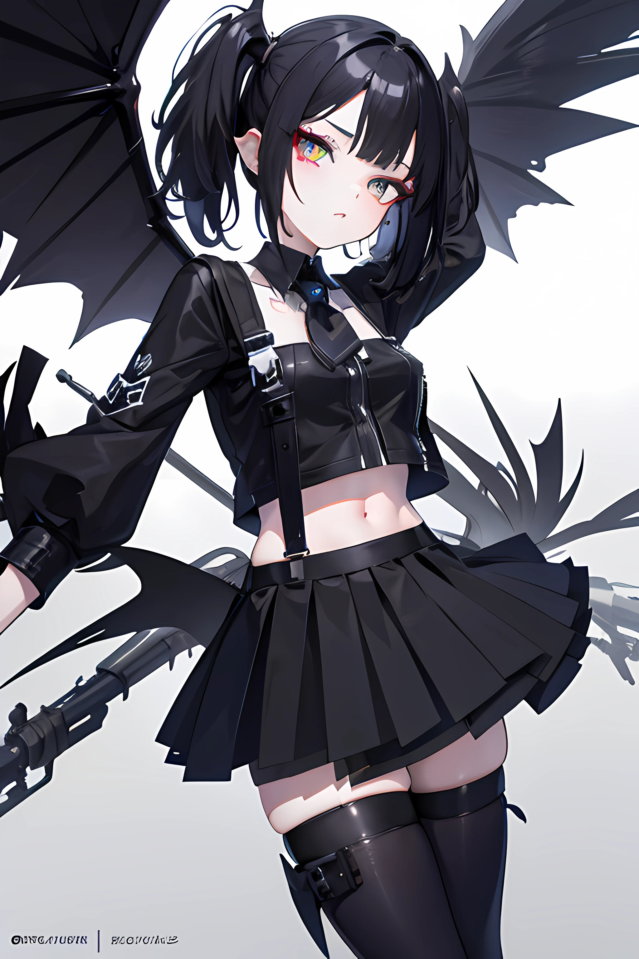 a close up of a girl with bat wings, vultie gyarus black hairstyle, plead skirt with stockings, anime avatar, goth girl, 1 7 - - old me goth girl, anime full body model, anime styled 3d, mall goth, black wings instead of arms, lineless,oc rendered, epic 3 d abstract emo girl, dark demonic dancer, 4k, realistic anime artstyle