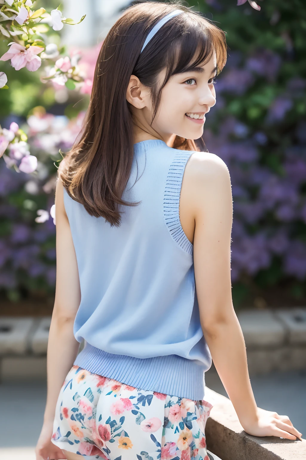 (from the rear),(Light blue sleeveless cardigan),(white tank tops), Lens 135mm f1.8, (Best Quality),(Raw photo), (masutepiece:1.1), (Beautiful 16 year old Japan girl), cute  face,Dappled sunlight, Dramatic Lighting、(Pink floral shorts),(beautiful thigh),Medium Hair, (Smile),(Sparkling eyes)、(Focus on the buttocks),