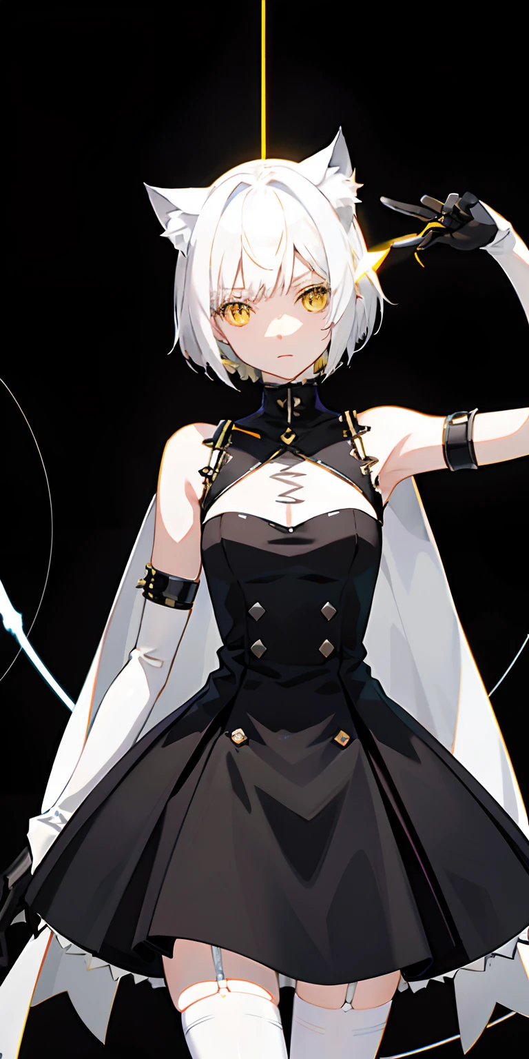 Short white hair,Yellow eyes,There are metal cat ears on the head,Sideslit,light particules,White wallpaper,The left hand is a semi-robotic arm，The right hand is a normal arm，Wear black stockings，Wear a black dress，A pure and cute girl，Short height，Slightly red on the face