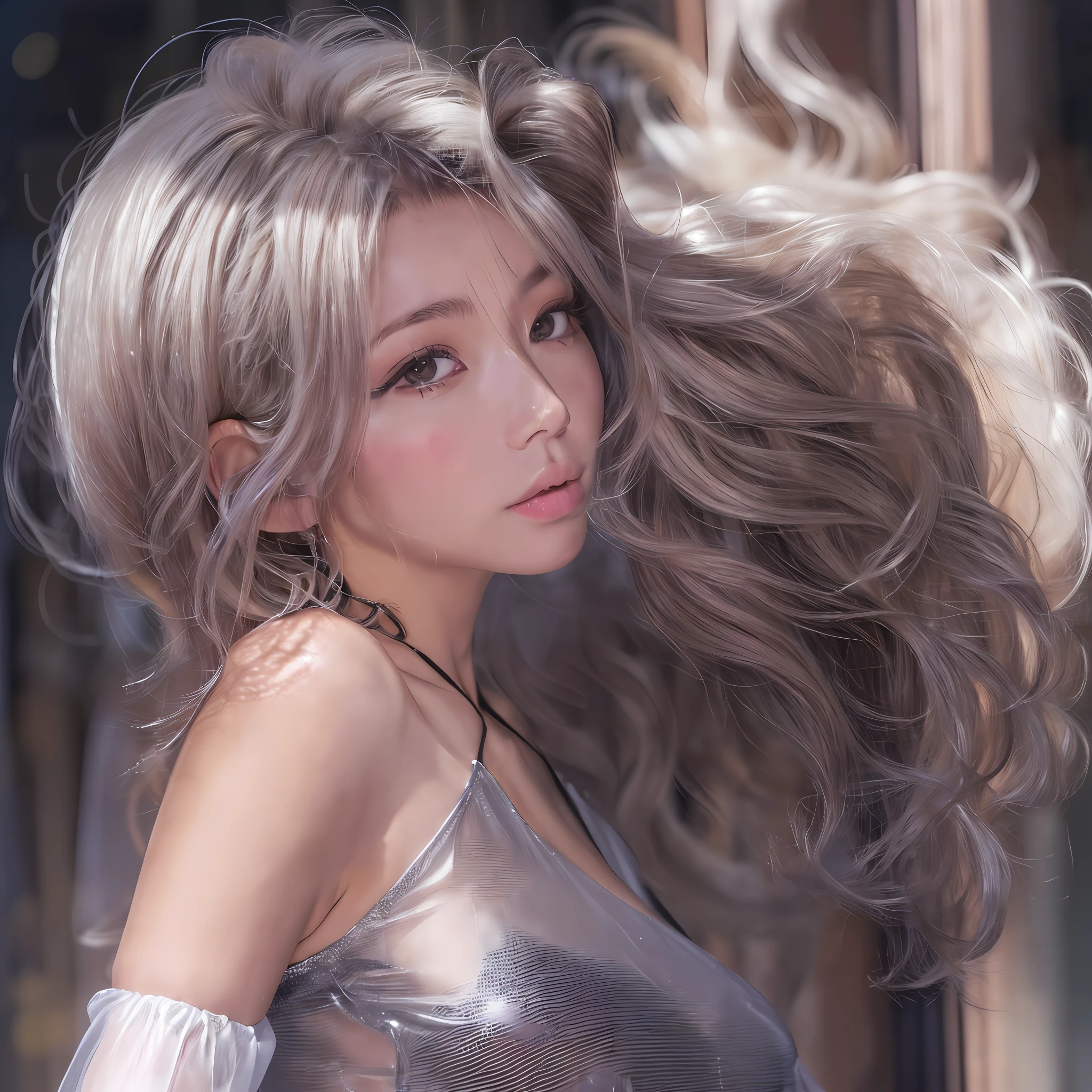 (​masterpiece), (top-quality), (top-quality), ​masterpiece, Anatomically correct, Textured skin, Super Detail, high details, High quality, awardwinning, Best Quality, hight resolution, ultra wide-angle, looking in camera, Lots of details, Detailed drawing, milky skin, Soft and soft skin, 真实感, realisitic, beautiful countenance, face perfect, Symmetrical face, Proportional body, (realisitic:1.5), (Raw photo:1.4), (Photorealsitic:1.3), Perfect Body Beauty:1.4, the face of a beautiful Japanese girl:1.9, (Background with blurred depth of field), (detailedbackground:1.25), (Hair growth:1.25), 1girl in, 独奏, is standing, Highly detailed face and skin quality, Realistic skin type, Beautiful hair growth, A detailed eye, 二重まぶた, lipgloss, A sexy, bare shoulders​, attractive collarbone, off shoulders, (Wavy shoulder-length hair:1.9), (silber hair:1.25), Exposed cleavage, (Gorgeous black see-through dress with T-back:1.2, There is a slit up to the waist:1.5), Full body like, (Bar counter and windows with night view of the big city:1.25), 28 year old sexy adult woman, Looking back at the buckshot, No Underwear