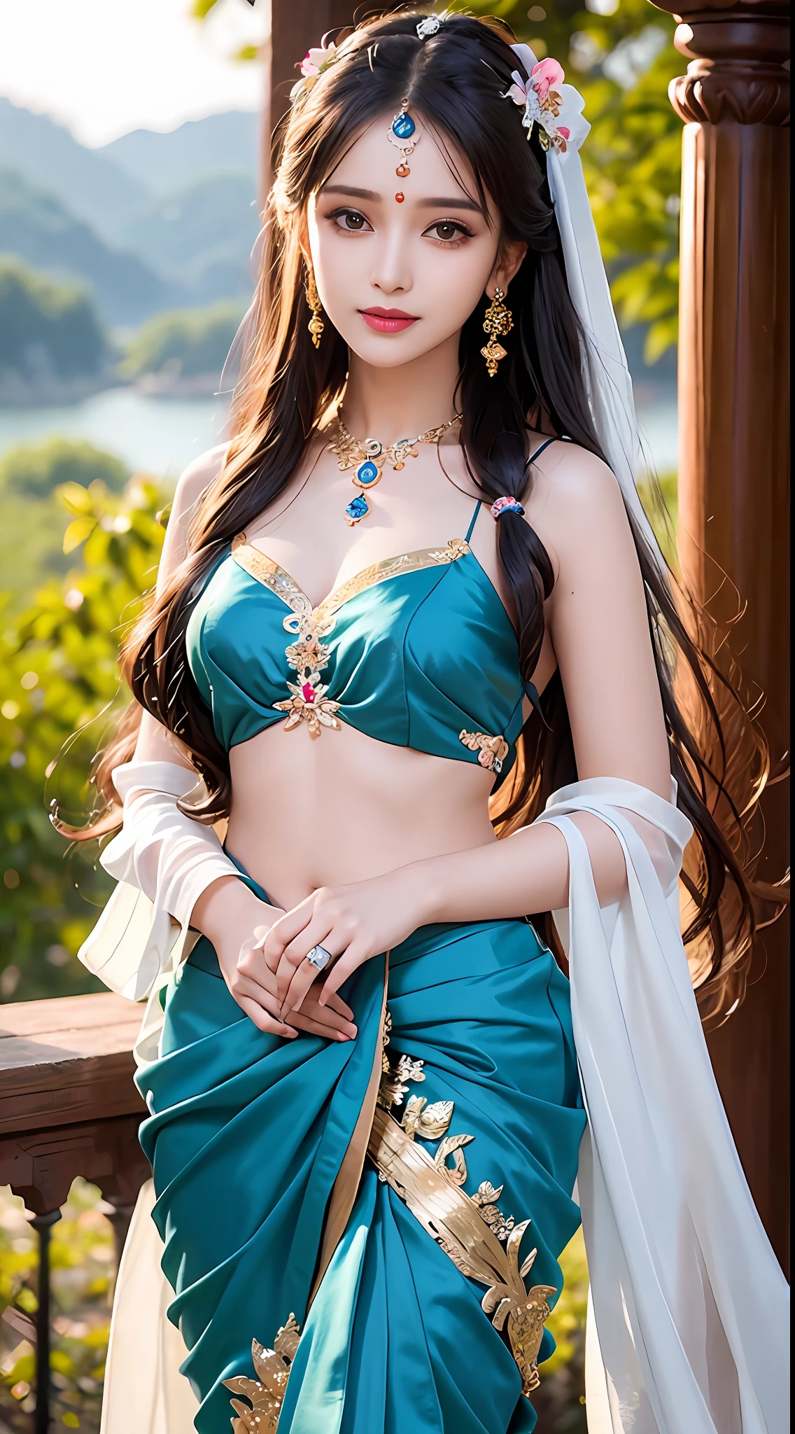 8K, ultra high detailed, an indian girl, cute face, happy, long hair, impressive hairstyle, detailed eyes, detailed lips, indian clothes, saree, dark blue saree, lace, wearing jewellery, nature background, flowers, afternoon, shadow, clear weather, whole body capture,