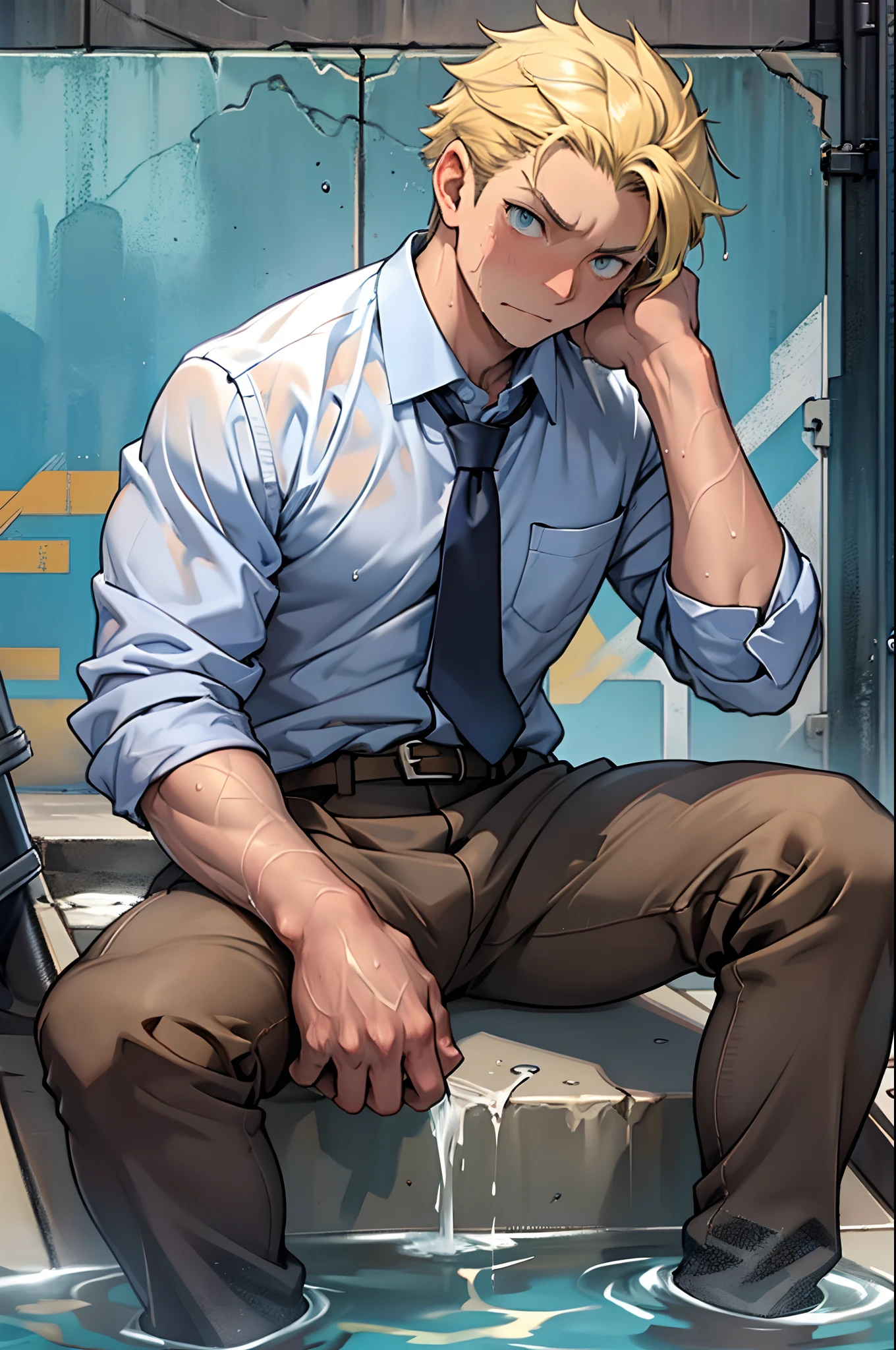 （1 Adult male），A high resolution， Sharp focus， Pixiv masterpiece， （（Complicated details））， highly  detailed， natsuki_subaru， 1 man，perfect male figure，Urine on the trouser leg， Nervously bow your head，is shy，embarressed，exhilarated，is shocked，panicking，worry，A pool of urine formed around him，Very eager to pee，Unbearable，Wet yourself，Urine discharge，full bodyesbian，sit astride，Tired，decadent， blue color eyes（eyes glowing）， Short yellow hair，white  shirt，Wear a tie，Wear a belt，trousers，perspire，Drenched，Get wet，pissing，urine flows down the pants，look from down