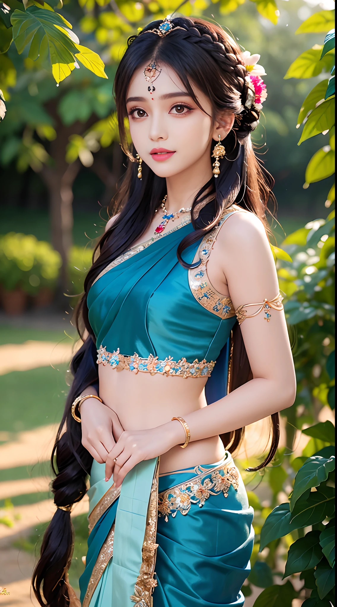 Close up, 18 year old indian woman, thin Dark silky saree, oily body, long dense braided hair, tropical forest, ultra realistic, realism, cute, charming, day time, tattooed body, medium height, big eyes, Indian traditional style saree, ambient lighting, perfect anatomy, detailed body and face, 8K, Masterpiece, RAW photo, Best quality, Photorealistic, Extremely detailed CG Unity 8K wallpaper, Noval Showing, Most Beautiful smile, ((smile:1.2))