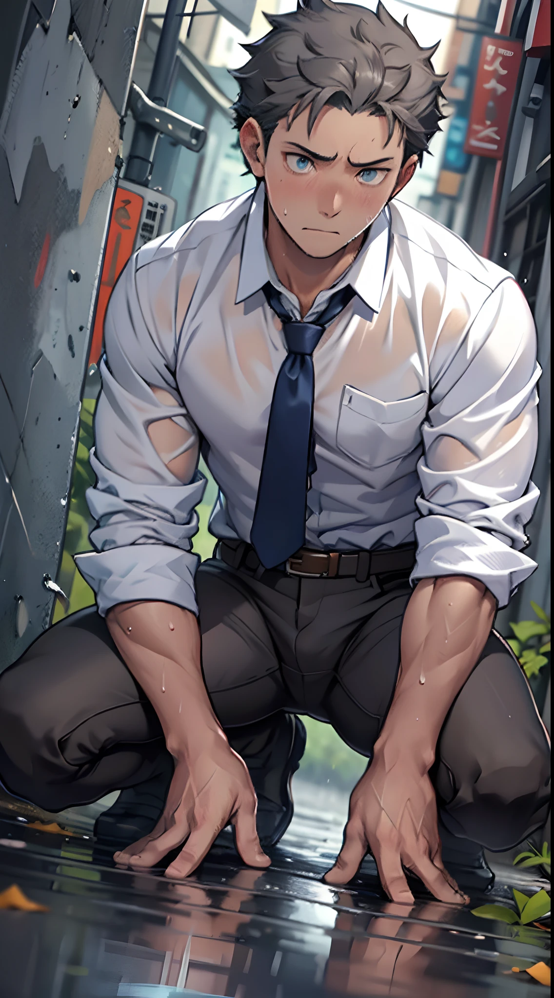 (1 Adult male),A high resolution, Sharp focus, Pixiv masterpiece, ((Complicated details)), highly detailed, natsuki_subaru, 1 man,Lying in the mud, Lazy,full bodyesbian, blue color eyes(eyes glowing), Short yellow hair,white shirt,Wear a tie,Wear a belt,perspire,rain,Drenched,Sweaty crotch,look from down