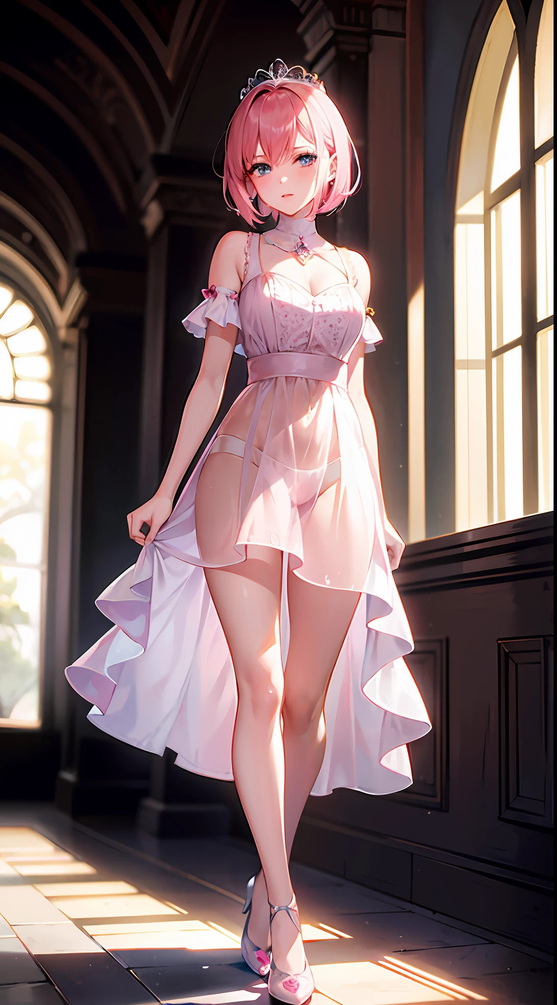 with pink hair,s girl,A queen,short detailed hair,Long transparent dress,The reveal panties,Drainage of love fluid,standing on your feet