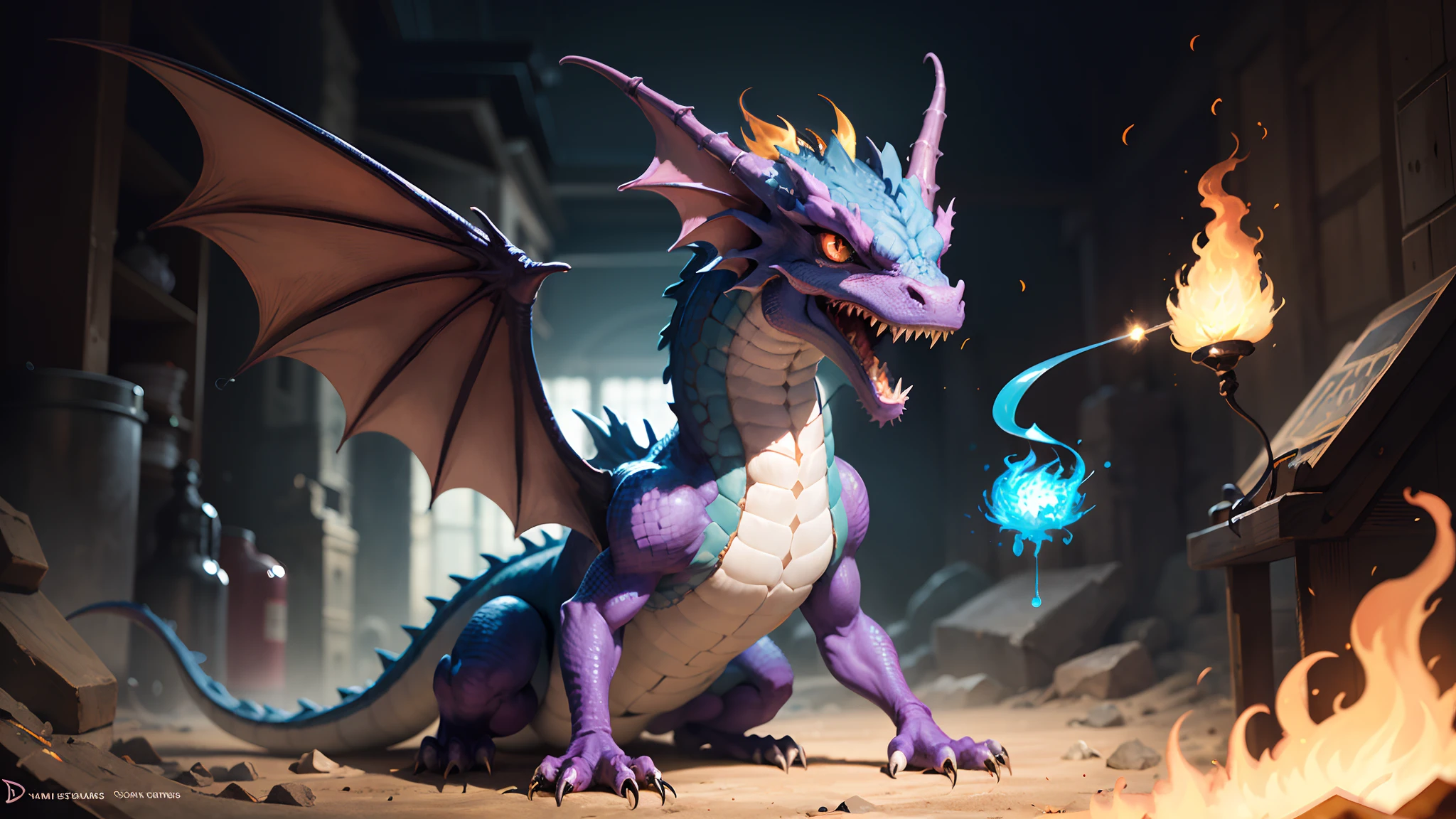 Certamente! Imagine um desenho animado ao estilo Disney, with an adorable and friendly dragon. He's small, de cores suaves e possui olhos grandes e brilhantes cheios de curiosidade. The dragon's scales are soft to the touch and resemble pastel shades, como rosa suave e azul claro.
When the cute dragon lets out fire through its mouth, It's a funny and surprising scene. He makes an expression of concentration as he prepares the breath, And then a small flickering flame comes out of his mouth, with a soft crackling sound. The flames are delicate, com cores suaves como rosa, roxo e azul. The little dragon is a little surprised by his own ability, and a playful smile forms on his face. The soundtrack is fun and catchy, complementing the playful and charming atmosphere of the scene.