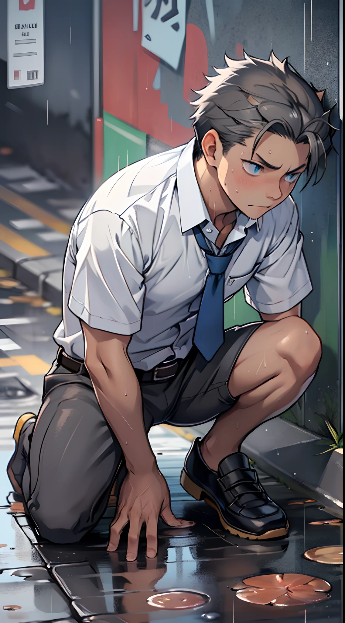 (1 Adult male),A high resolution, Sharp focus, Pixiv masterpiece, ((Complicated details)), highly detailed, natsuki_subaru, 1 man,Defeat, crestfallen,full bodyesbian,kneels on the ground, Sweaty crotch,Pee on the legs,pissing,Urine runs down the thighs,embarressed,exhilarated,is shocked,panicking,worry,A small puddle of their own urine forms around the feet,Urine runs down the crotch,Drenched,rain,The shirt is soaked,(A gesture of pleading),blue color eyes(eyes glowing), Short gray hair,white shirt,Wear a tie,Wear a belt,perspire,look from down