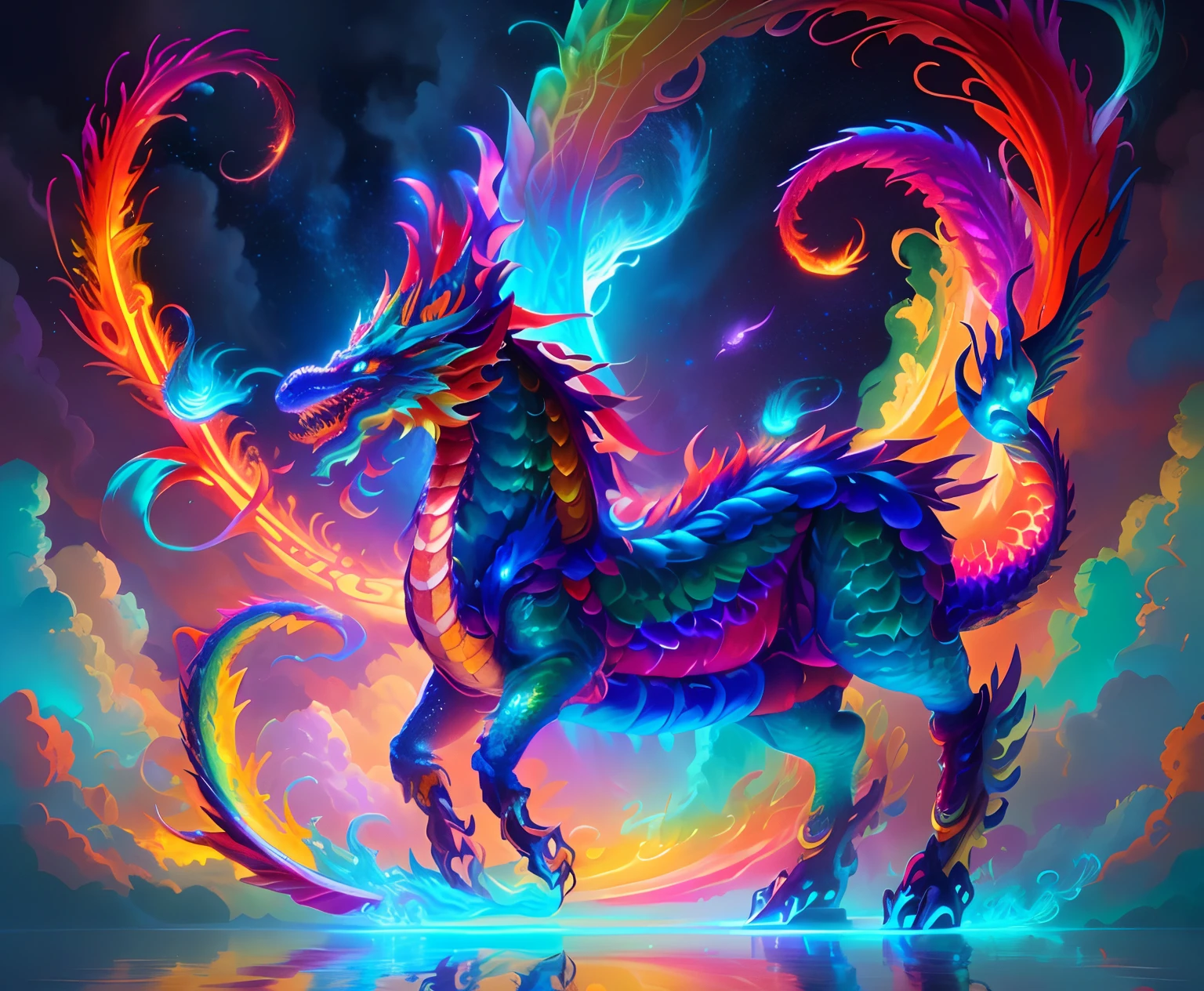 Colorful dragons with glowing tails and tails in the sky., Mythical Creatures, cyan chinese dragon fantasy, Phoenix Dragon Jellyfish, Rainbow Fluffy Dragon, Digital paintings of Quetzalcoatl, chinese dragon concept art, colorfull digital fantasy art, Fantasy Creatures, detailed fantasy digital art, Phoenix Dragon, iridescence water elemental, legendary dragon