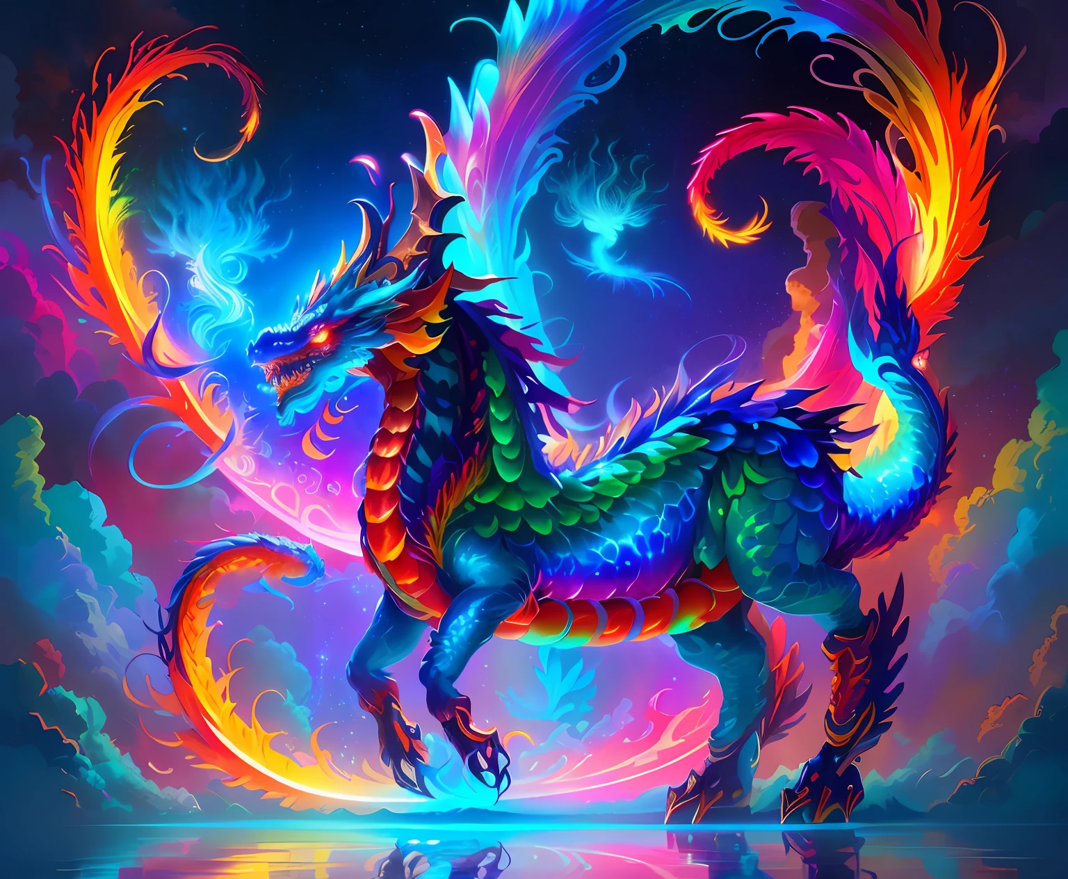 Colorful dragons with glowing tails and tails in the sky., Mythical Creatures, cyan chinese dragon fantasy, Phoenix Dragon Jellyfish, Rainbow Fluffy Dragon, Digital paintings of Quetzalcoatl, chinese dragon concept art, colorfull digital fantasy art, Fantasy Creatures, detailed fantasy digital art, Phoenix Dragon, iridescence water elemental, legendary dragon