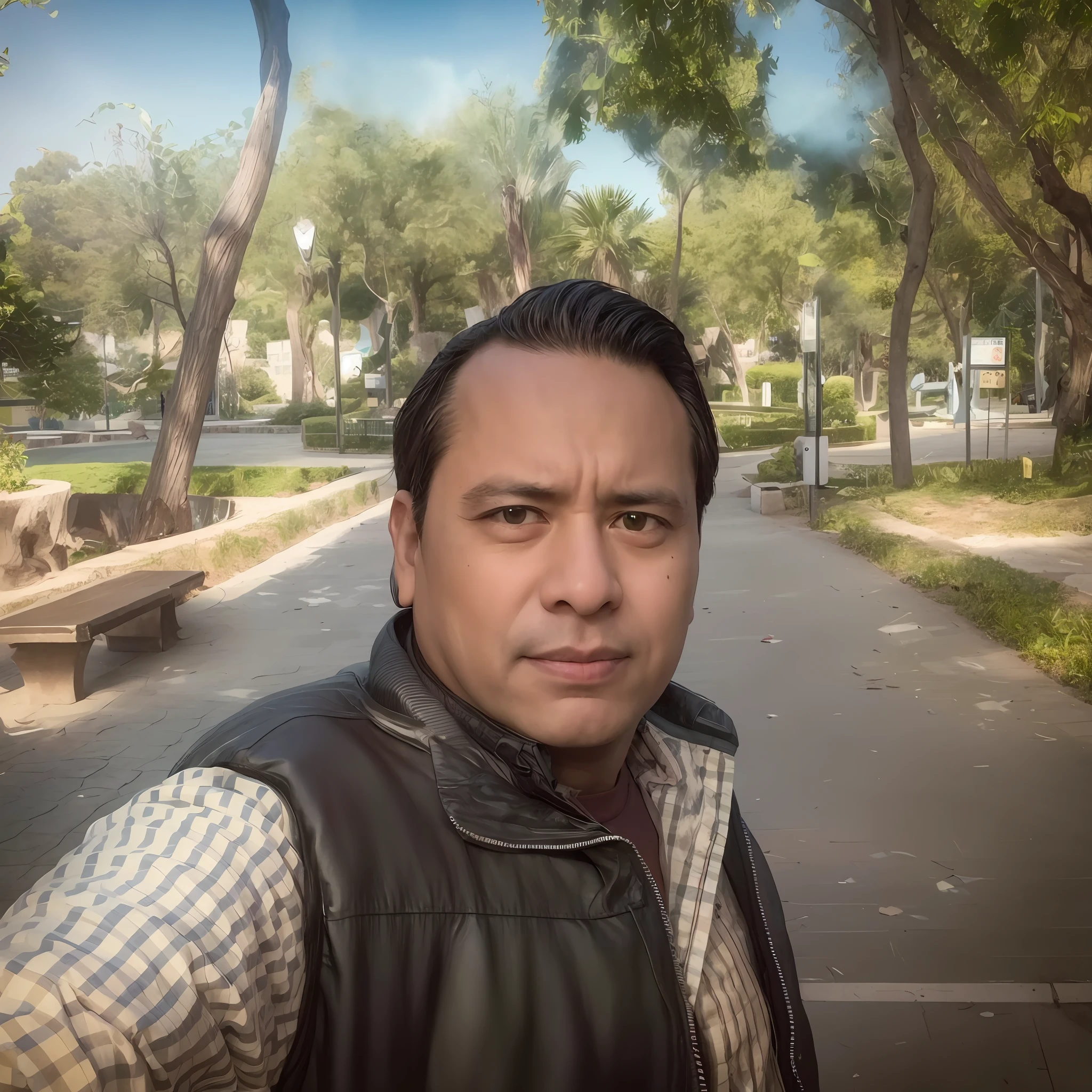 There's a man taking a selfie in a park, con un parque al fondo, Aparcar en el fondo, en la calle de la ciudad, en un parque, foto realista, Juan Sanchez Cotán