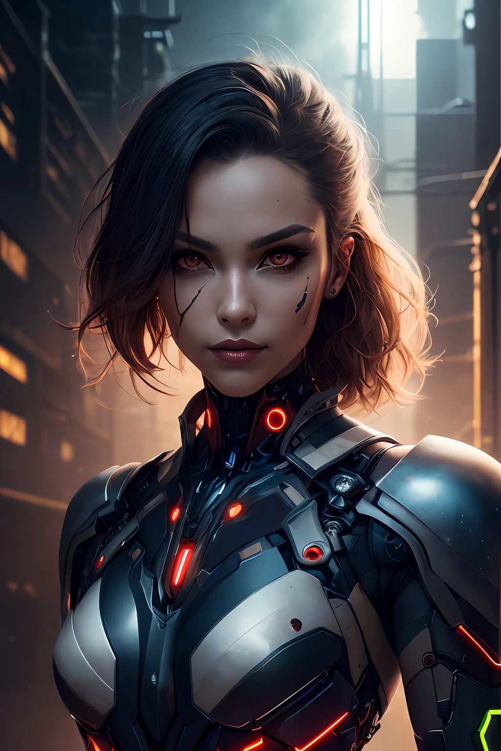 a beautiful woman cyborg warrior in the Style-RustMagic, cyberpunk augmentation, cyberware, cyborg, carbon fiber, chrome, implants, metal skull, cyber plate armor, (dark atmosphere:1.2), (fog & smoke), (dark night:1.3), scars, (dark medium length disheveled hair:1.1), (eyeshadow:1.1), (beautifully detailed glow:1.2), (Cinematic lighting), intricate detail, highres, rounded eyes, detailed facial features, sharp focus, smooth, aesthetic, detailed dark industrial factory background, stylish pose, dynamic pose, (dramapaint), (opt-6000:0.9)