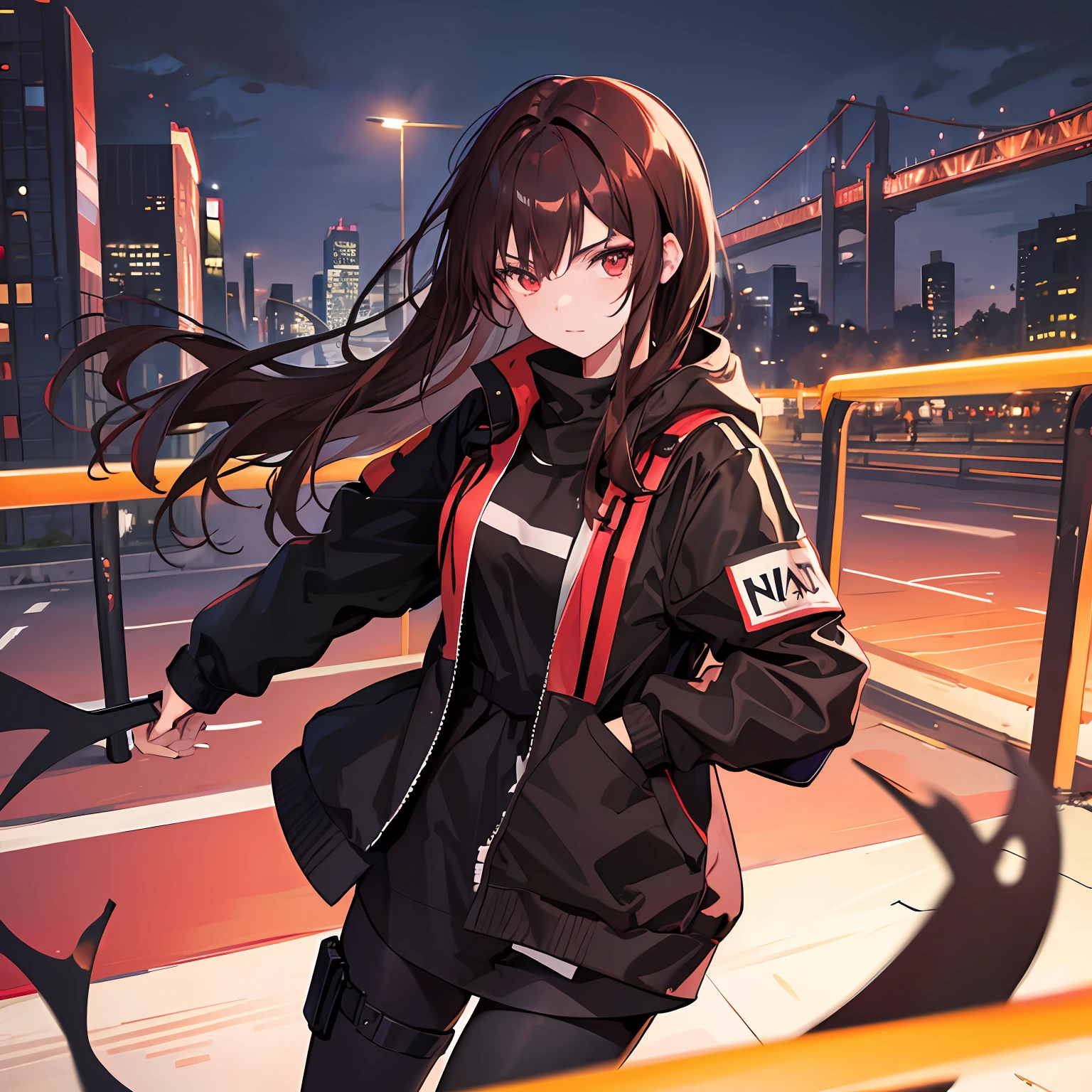 1 girl, solo, red dark hair, black outfit, modern city night background, badass, seductive