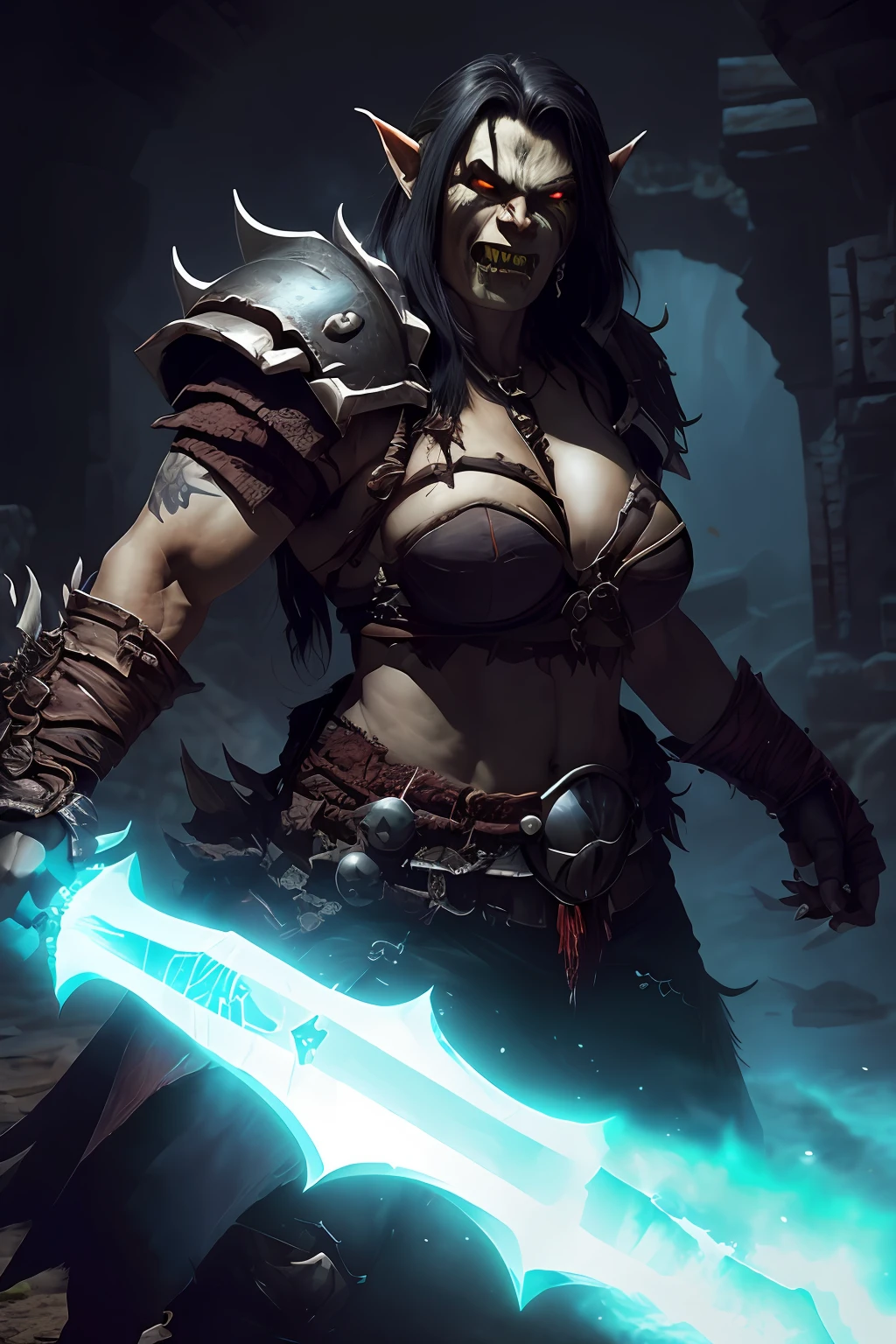 (papel de parede 8k extremamente detalhado), An average photo of a fearsome female Orc necromancer, intrincado, alto detalhe, Dramatic