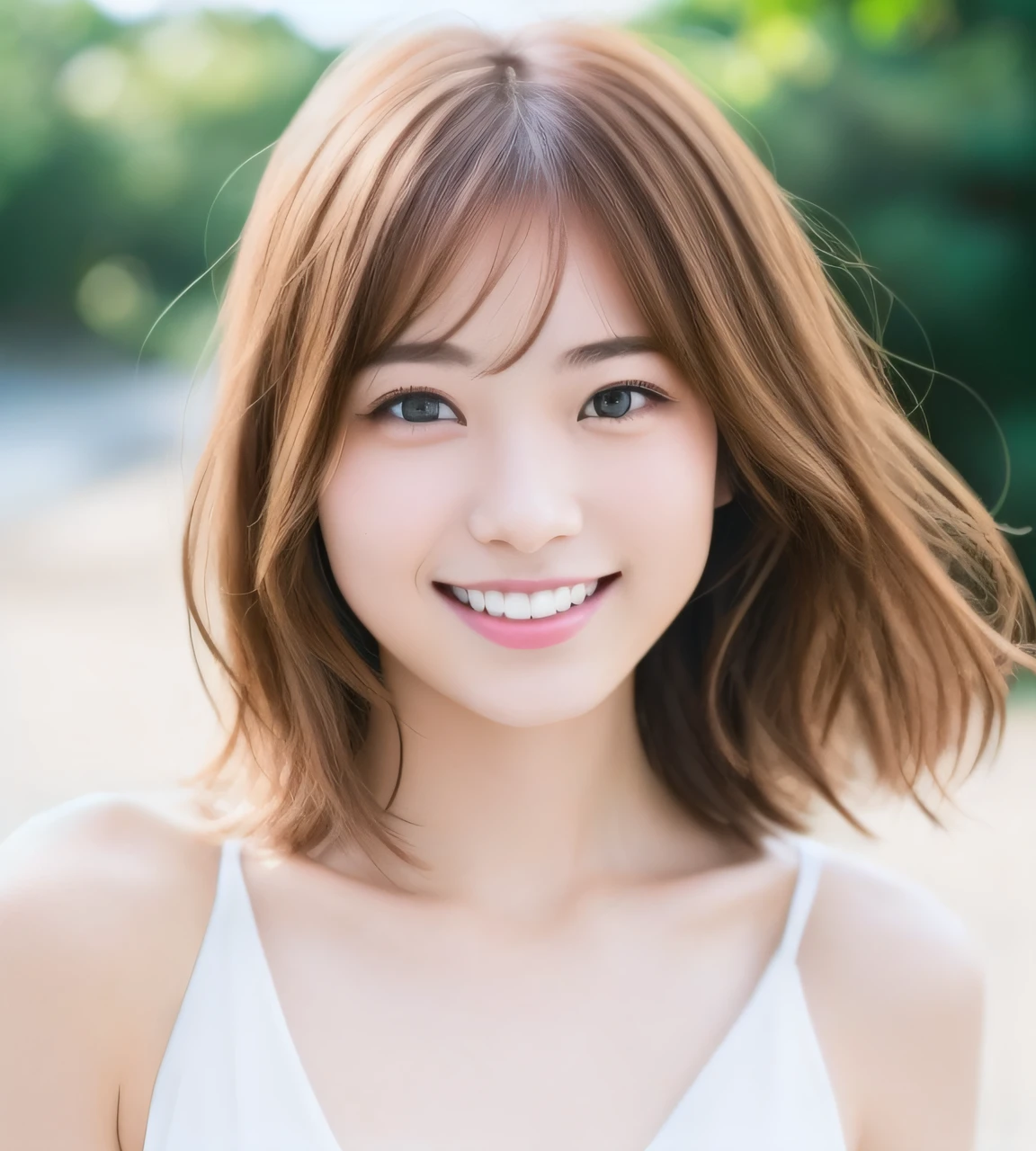 in beach, shoulder length hair, Woman with big smile, Cute  girl s, Fine face, Beautiful young Japan woman, the face of a beautiful Japanese girl
