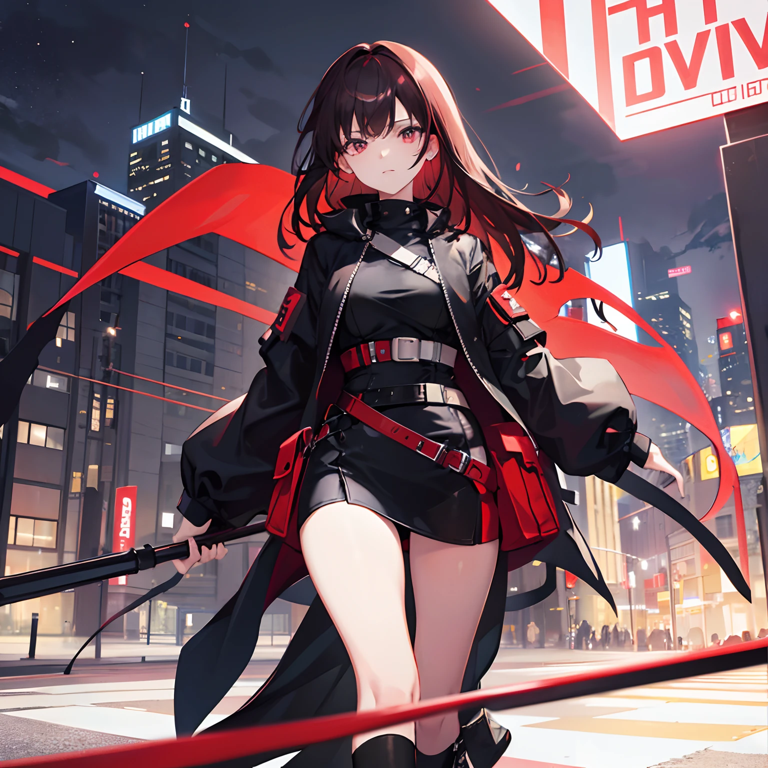 1 girl, solo, red dark hair, black outfit, modern city night background, badass, seductive