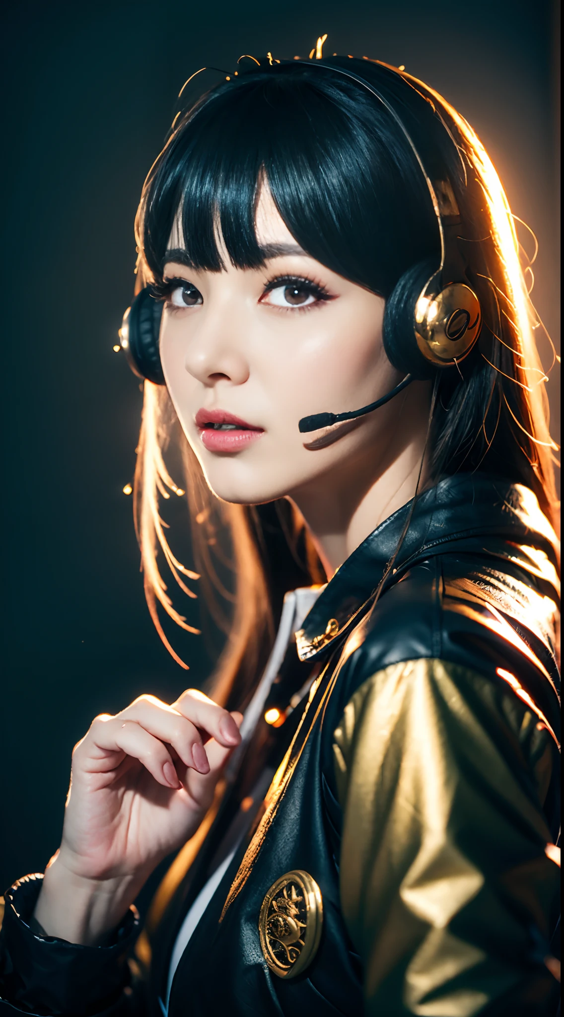 cyber punk perssonage,Kasha,Hold the audience's hand,Back photography,sideface,Asymmetrical face shape,Fluorescent headsets hang behind hair,Black fur coat,Decorated with a gold dragon pattern,Detailed depiction,The upper part of the body,城市,best qualityer,16k high resolution wallpaper,