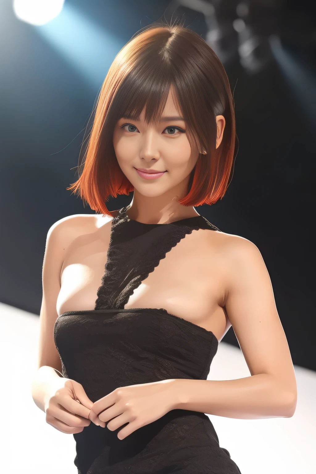 Best quality,tmasterpiece,1girll,red tinted hair,short detailed hair,eBlue eyes,shiny skins,sunflare,an award winning photograph, Wide-angle photo on the catwalk, stage lighting,Healthy body, closeup cleavage, with dynamism, Photorealistic, Realistic, Dramatic, Dark, Sharp focus, 8K,20yr old,fully body photo((top-quality,8K,tmasterpiece:1.3)),Sharp focus:1.2,Beautiful Women in Perfect Figure:1.4,The abdomen is slender:1.2,((Layered Hair Style,:1.2)),Large breasts 1.3,Small yellow floral miniskirt,(distance:1.2),Moist body:1.1,Very delicate face and skin texture,Detailed eyes,二重まぶた, suntanned skin,Raised sexy,marron marron,Real skin,Real eyebrows,Blue eyeballs,perfect proportion of body,facing away from the audience,Twist back,Exercise posture,looking at viewert,Gaze towards the viewer,Catwalk walk