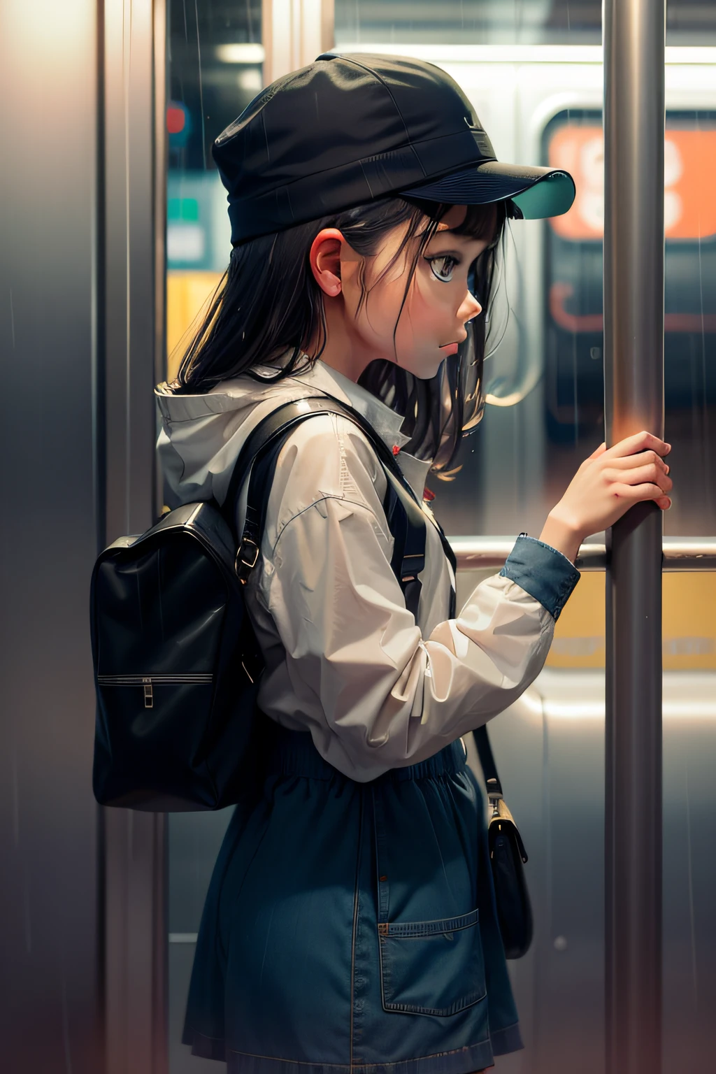 A rainy night, Girl pulling handrail on the subway, Look out the window