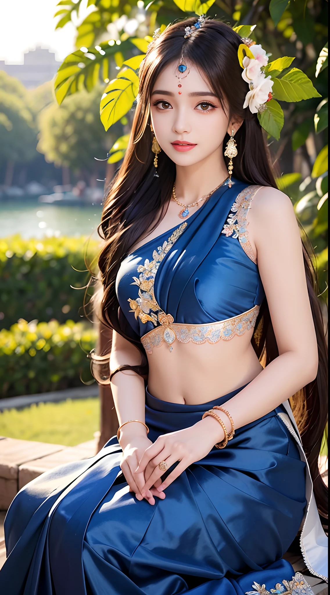 8K, ultra high detailed, an indian girl, cute face, happy, long hair, impressive hairstyle, detailed eyes, detailed lips, indian clothes, saree, dark blue saree, lace, wearing jewellery, nature background, flowers, afternoon, shadow, clear weather, sitting, whole body capture,