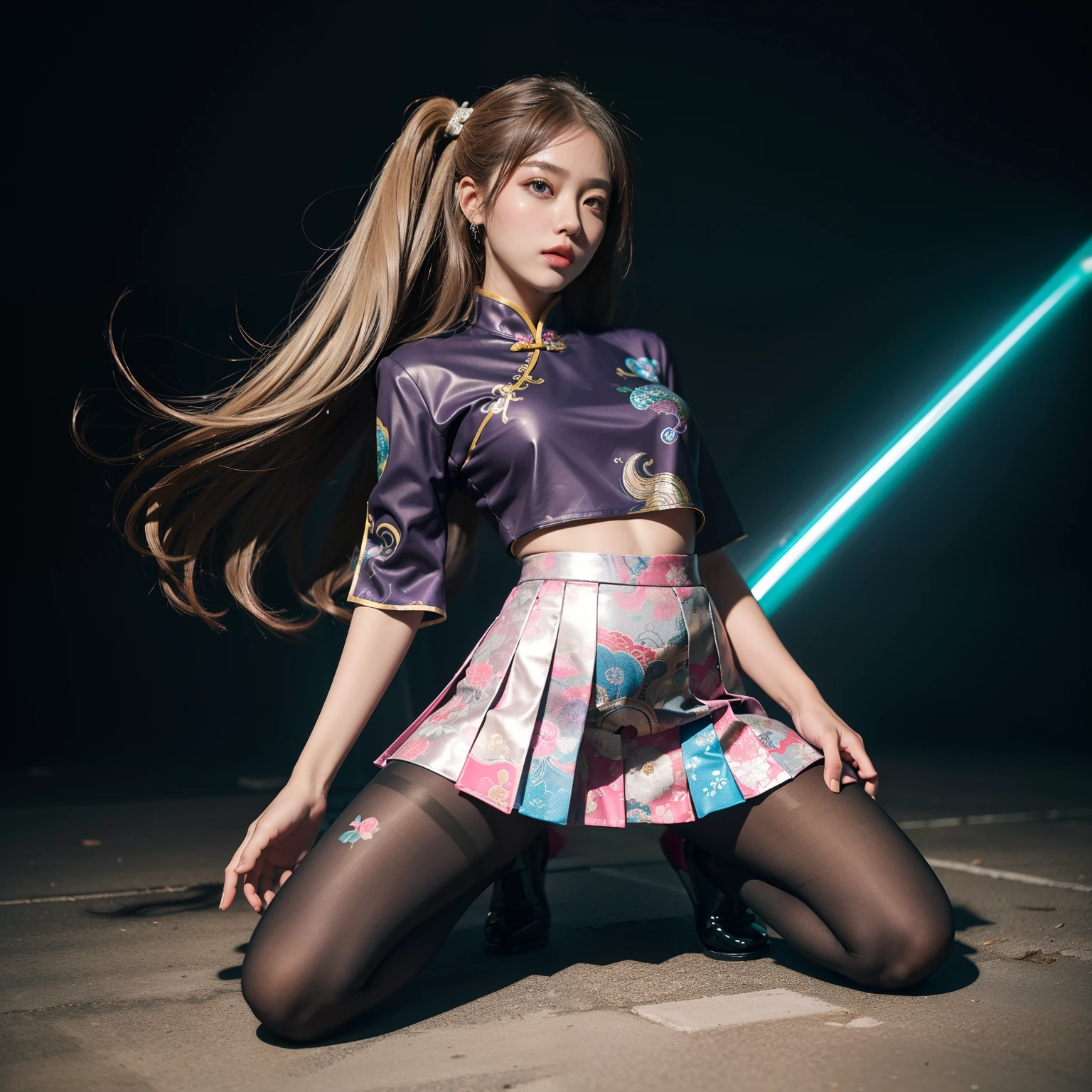(full body:1.5)，(1girl:1.3),(view the viewer:1.4)，(anatomy correct:1.45),(Kneeling in the center of the Great Wall:1.3),(very thick printed pantyhose:1.4),( Chinese woman Wear printed fantasy Chinese style JK student uniform pleated skirt and uniform pointed high-heeled leather shoes  :1.35), (Light particle effect:1.3),(In pink | amarelo | blue colors| green color |red color | white colors| black in color| purplish color| greys| Beige| Flesh color 1.4)，(Glowing eyes:1.3),(Large amplitude action: 1.3)，(Accurate and perfect face:1.4),hyper HD, Ray traching, reflective light，structurally correct, Award-Awarded, high detail, lighten shade contrast, Face lighting，cinmatic lighting, tmasterpiece, super detailing, high quality, high detail, best quality, 16k，High contrast,