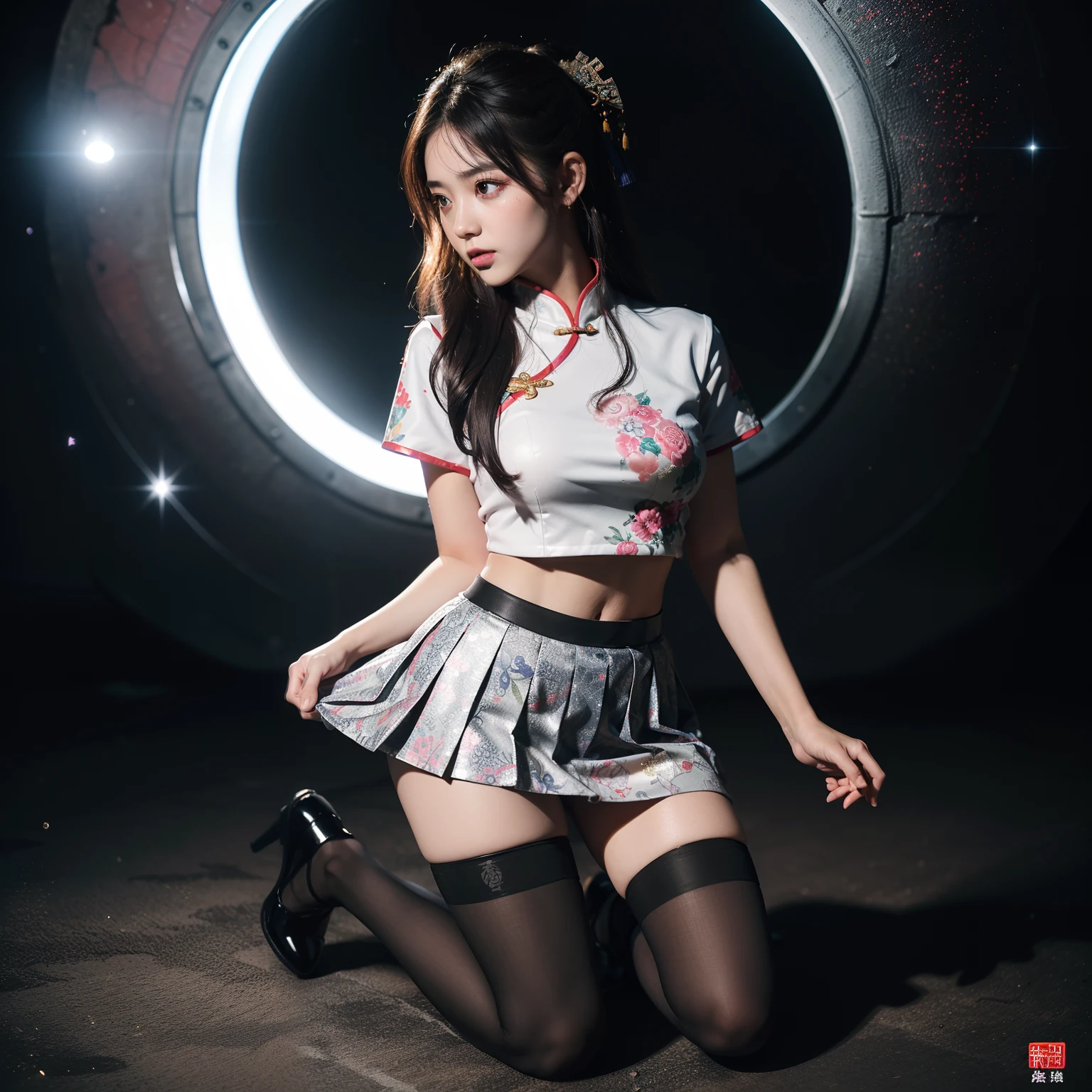 (full body:1.5),(1girl:1.3),(view the viewer:1.4),(anatomy correct:1.45),(Dance squatting under the huge waves:1.3),(very thick printed pantyhose:1.4),( Chinese woman Wear printed fantasy Japanese style JK student uniform pleated skirt and uniform pointed high-heeled leather shoes :1.35), (Light particle effect:1.3),(In pink | amarelo | blue colors| green color |red color | white colors| black in color| purplish color| greys| Beige| Flesh color 1.4),(Glowing eyes:1.3),(Large amplitude action: 1.3),(Accurate and perfect face:1.4),hyper HD, Ray traching, reflective light,structurally correct, Award-Awarded, high detail, lighten shade contrast, Face lighting,cinmatic lighting, tmasterpiece, super detailing, high quality, high detail, best quality, 16k,High contrast,