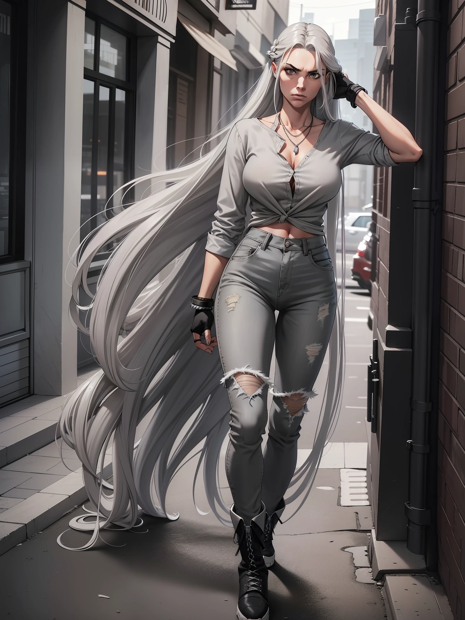 frontal view. Tall girl 23 years old. White long hair to the floor, braided into a tail, The bangs are laid on the side. gray eyes. Toned physique. Grey plaid shirt, dark gray jeans, high boots, Black Top, partially fingerless gloves. Silver jewelry and elements. serious face