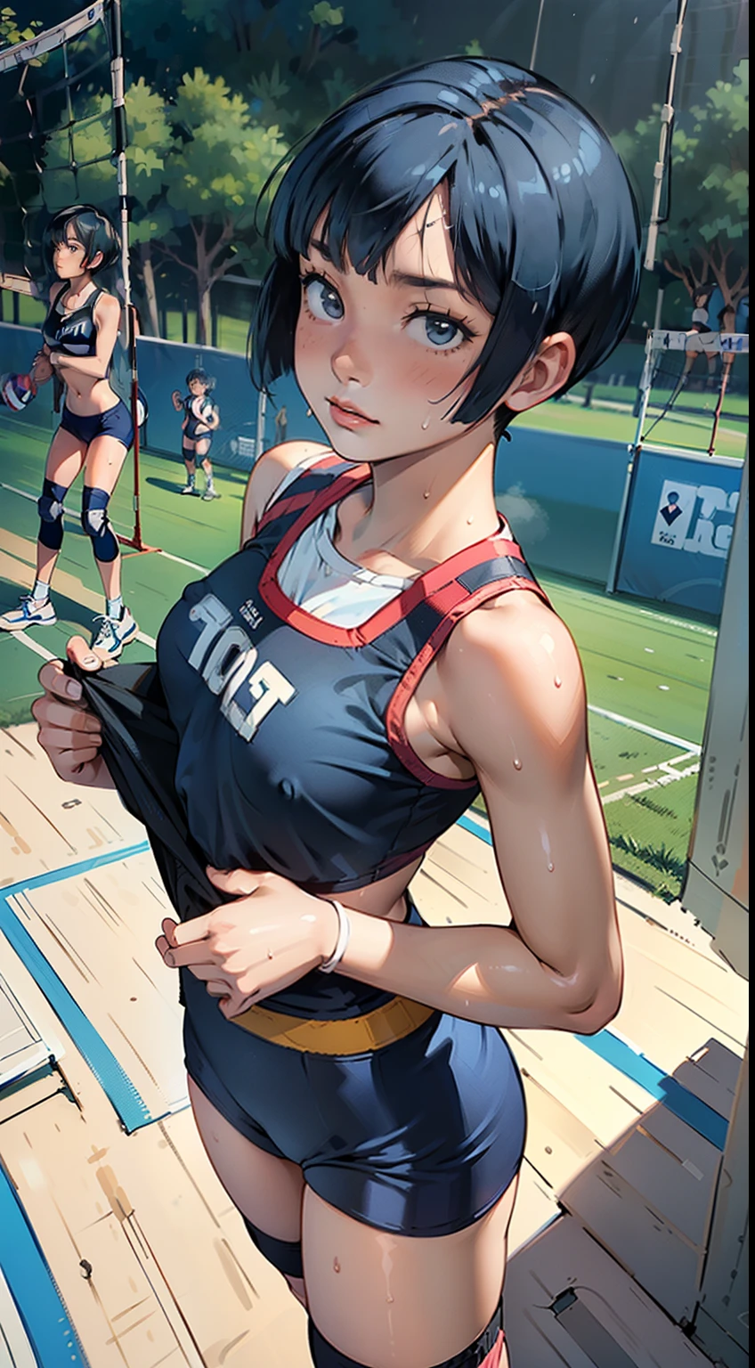(masterpiece, 4k ,ultra detailed:1.2),(beautiful face:1.2),(anime:1.2),illustration,(solo:1.2),(looking at viewer:1.4),(supermodel:1.3),(volleyball athlete:1.4),(volleyball uniform:1.4),(bike shorts:1.4),(volleyball:1.5),(sweaty skin:1.3),(blue hair),(bangs pinned back:1.3),yo,(very short hair:1.5),(white panties),(string,Chiseled abs,bouquet,child,large breasts,petite:1.1),(sfw,nipple,dress,sports bra:1.5),(cinematic angle),(full body:1.2),(Camel toe:1.3),(volleyball field:1.5)
