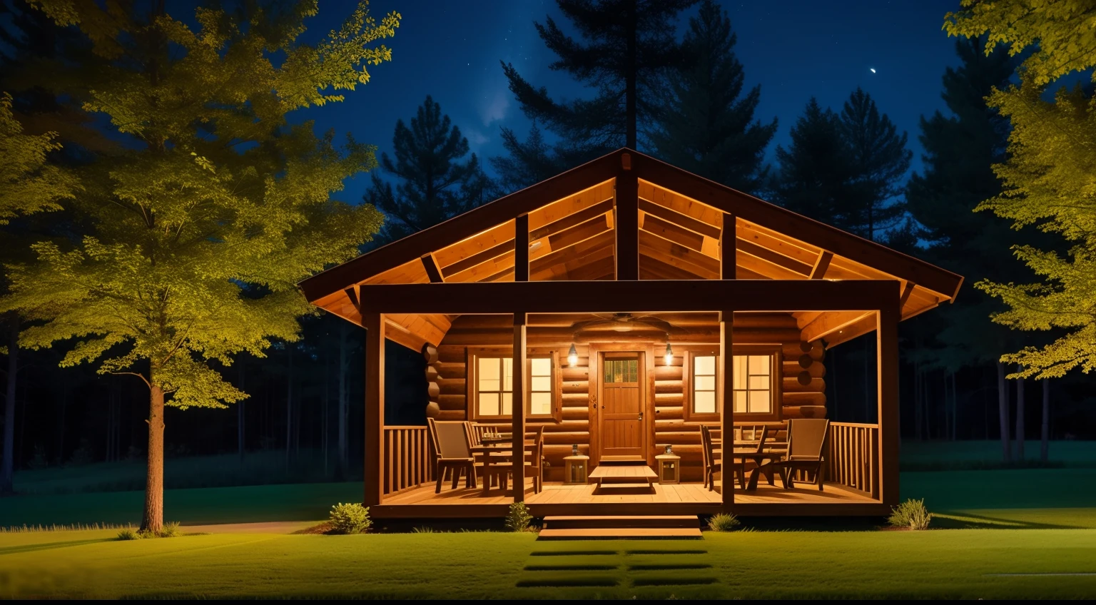 A lighted cabin in the grass on a summer night