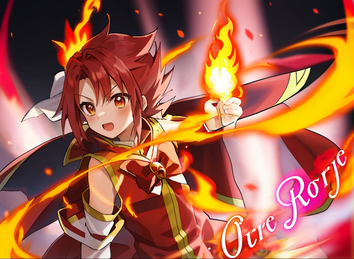 Anime boy with pink and red dress and pink bow with red roses, Boy with short red hair, He has firepower, fiery aura, (fire), fire!! Full body, Yellow Arm Warmer, fire mage, flame spell, f lare, flame conjuring, powering up aura, Anime!!!!!!!!!!!!!!!, Magical aura around him, red aura, Rin, Anime!!!!, fire spell